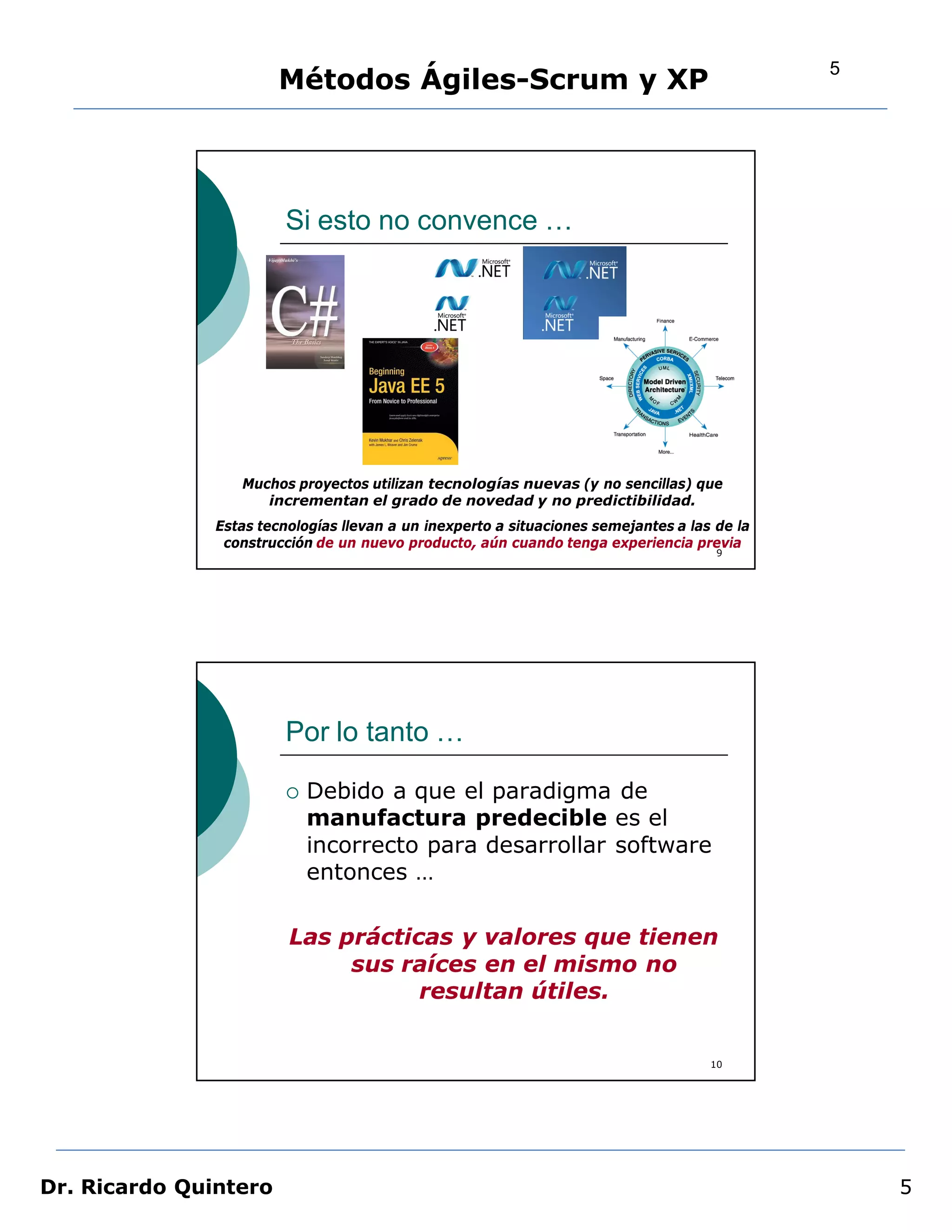5
                       Métodos Ágiles-Scrum y XP




                        Si esto no convence …




                  Muchos proyectos utilizan tecnologías nuevas (y no sencillas) que
                     incrementan el grado de novedad y no predictibilidad.
               Estas tecnologías llevan a un inexperto a situaciones semejantes a las de la
                construcción de un nuevo producto, aún cuando tenga experiencia previa
                                                                                      9




                        Por lo tanto …

                           Debido a que el paradigma de
                            manufactura predecible es el
                            incorrecto para desarrollar software
                            entonces …

                         Las prácticas y valores que tienen
                              sus raíces en el mismo no
                                    resultan útiles.


                                                                                     10




Dr. Ricardo Quintero                                                                              5
 