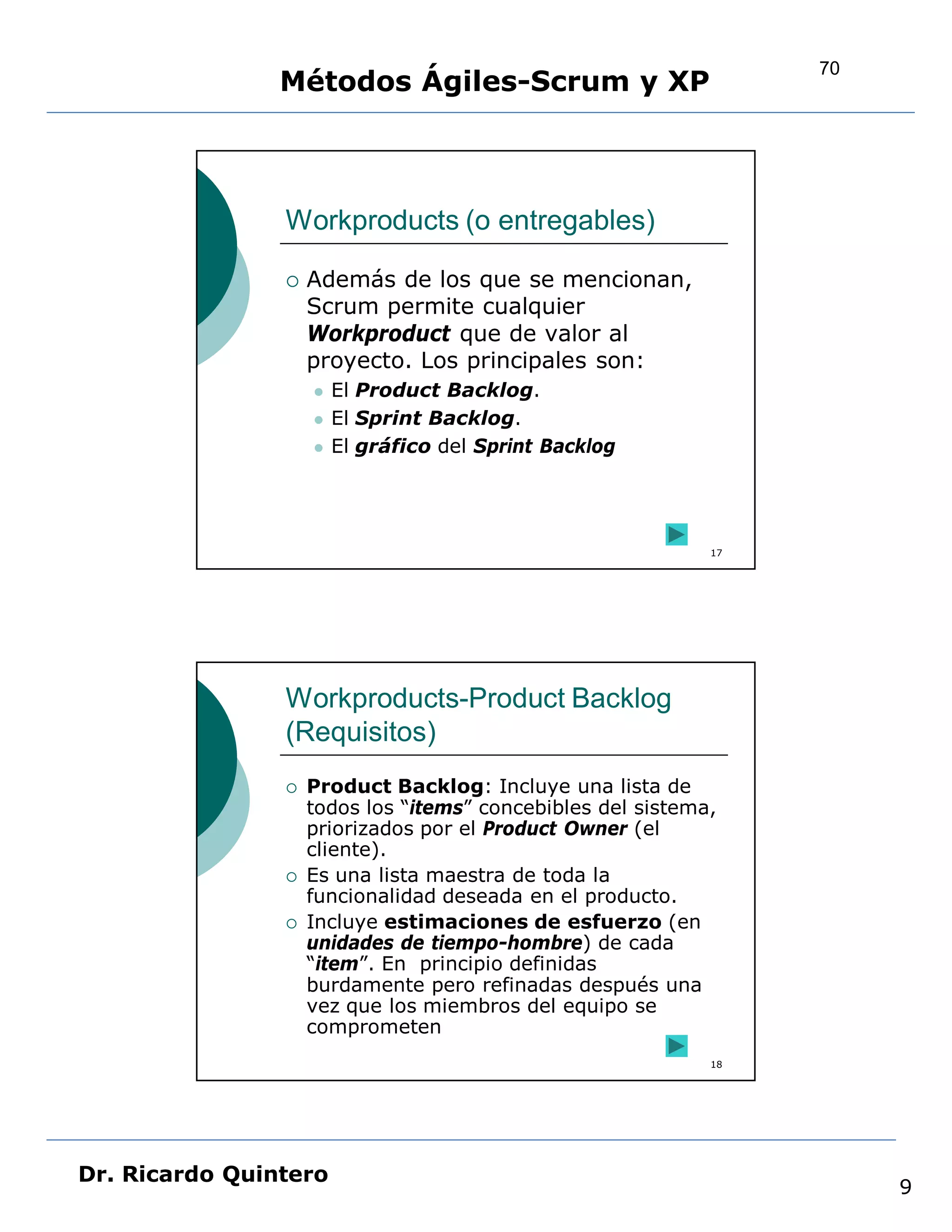 70
                Métodos Ágiles-Scrum y XP



                Workproducts (o entregables)

                   Además de los que se mencionan,
                    Scrum permite cualquier
                    Workproduct que de valor al
                    proyecto. Los principales son:
                       El Product Backlog.
                       El Sprint Backlog.
                       El gráfico del Sprint Backlog




                                                             17




                Workproducts-Product Backlog
                (Requisitos)
                   Product Backlog: Incluye una lista de
                    todos los “items” concebibles del sistema,
                    priorizados por el Product Owner (el
                    cliente).
                   Es una lista maestra de toda la
                    funcionalidad deseada en el producto.
                   Incluye estimaciones de esfuerzo (en
                    unidades de tiempo-hombre) de cada
                    “item”. En principio definidas
                    burdamente pero refinadas después una
                    vez que los miembros del equipo se
                    comprometen
                                                             18




Dr. Ricardo Quintero
                                                                       9
 