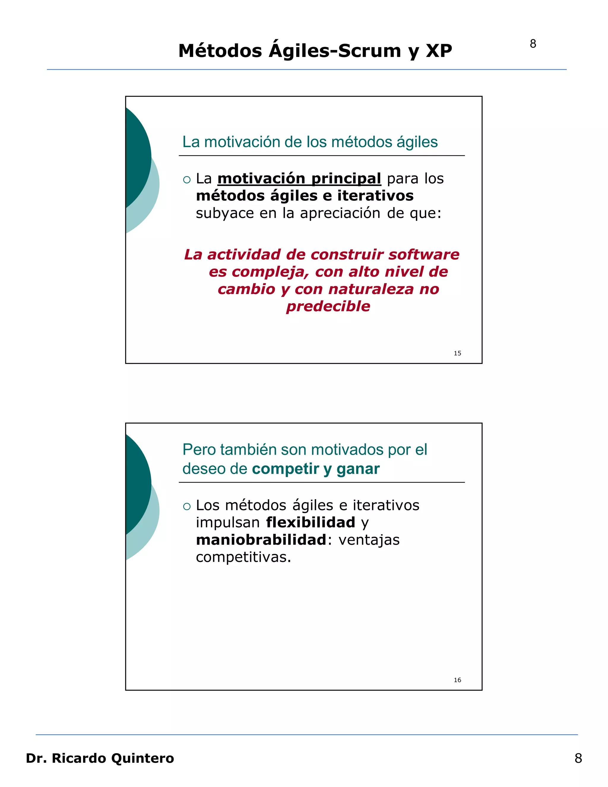 8
                       Métodos Ágiles-Scrum y XP




                       La motivación de los métodos ágiles

                          La motivación principal para los
                           métodos ágiles e iterativos
                           subyace en la apreciación de que:

                       La actividad de construir software
                          es compleja, con alto nivel de
                           cambio y con naturaleza no
                                    predecible


                                                               15




                       Pero también son motivados por el
                       deseo de competir y ganar

                          Los métodos ágiles e iterativos
                           impulsan flexibilidad y
                           maniobrabilidad: ventajas
                           competitivas.




                                                               16




Dr. Ricardo Quintero                                                    8
 