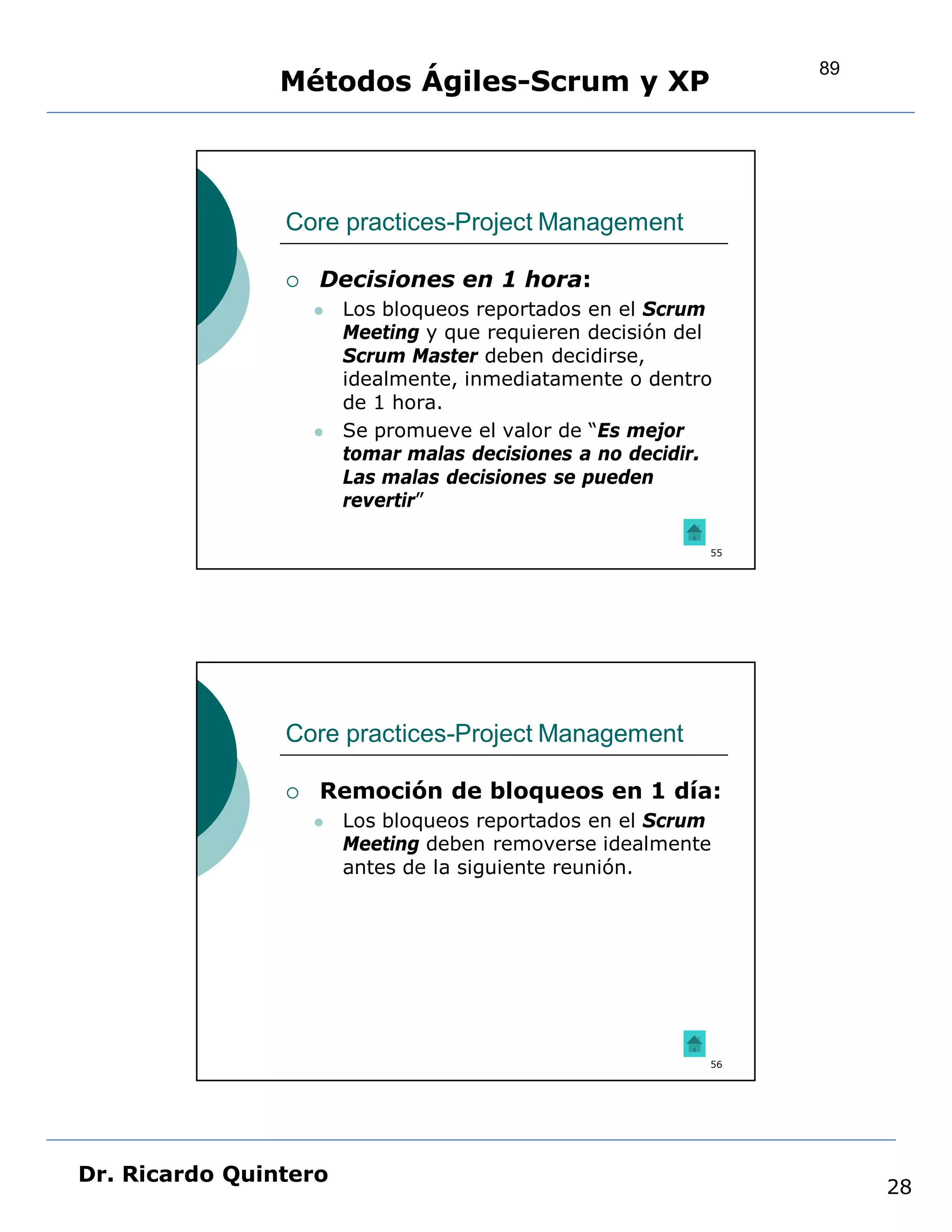 89
                Métodos Ágiles-Scrum y XP



                Core practices-Project Management

                   Decisiones en 1 hora:
                       Los bloqueos reportados en el Scrum
                        Meeting y que requieren decisión del
                        Scrum Master deben decidirse,
                        idealmente, inmediatamente o dentro
                        de 1 hora.
                       Se promueve el valor de “Es mejor
                        tomar malas decisiones a no decidir.
                        Las malas decisiones se pueden
                        revertir”

                                                           55




                Core practices-Project Management

                   Remoción de bloqueos en 1 día:
                       Los bloqueos reportados en el Scrum
                        Meeting deben removerse idealmente
                        antes de la siguiente reunión.




                                                           56




Dr. Ricardo Quintero
                                                                     28
 