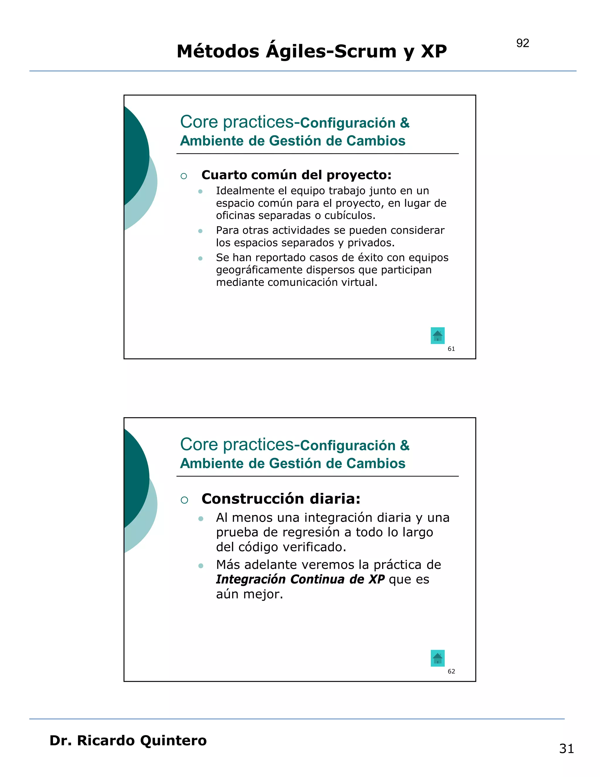 92
                Métodos Ágiles-Scrum y XP


                Core practices-Configuración &
                Ambiente de Gestión de Cambios

                   Cuarto común del proyecto:
                       Idealmente el equipo trabajo junto en un
                        espacio común para el proyecto, en lugar de
                        oficinas separadas o cubículos.
                       Para otras actividades se pueden considerar
                        los espacios separados y privados.
                       Se han reportado casos de éxito con equipos
                        geográficamente dispersos que participan
                        mediante comunicación virtual.




                                                                  61




                Core practices-Configuración &
                Ambiente de Gestión de Cambios

                   Construcción diaria:
                       Al menos una integración diaria y una
                        prueba de regresión a todo lo largo
                        del código verificado.
                       Más adelante veremos la práctica de
                        Integración Continua de XP que es
                        aún mejor.




                                                                  62




Dr. Ricardo Quintero
                                                                            31
 