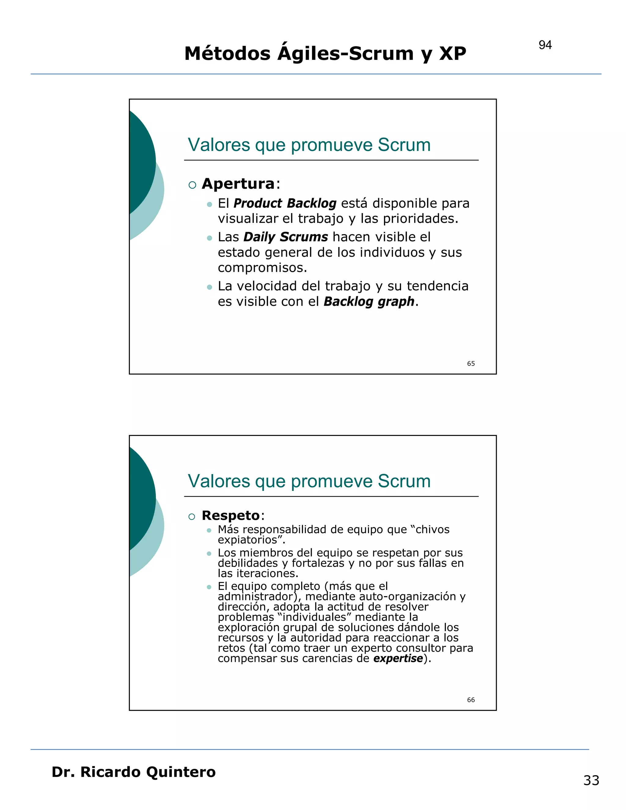 94
                Métodos Ágiles-Scrum y XP



                Valores que promueve Scrum

                   Apertura:
                       El Product Backlog está disponible para
                        visualizar el trabajo y las prioridades.
                       Las Daily Scrums hacen visible el
                        estado general de los individuos y sus
                        compromisos.
                       La velocidad del trabajo y su tendencia
                        es visible con el Backlog graph.



                                                                     65




                Valores que promueve Scrum
                   Respeto:
                       Más responsabilidad de equipo que “chivos
                        expiatorios”.
                       Los miembros del equipo se respetan por sus
                        debilidades y fortalezas y no por sus fallas en
                        las iteraciones.
                       El equipo completo (más que el
                        administrador), mediante auto-organización y
                        dirección, adopta la actitud de resolver
                        problemas “individuales” mediante la
                        exploración grupal de soluciones dándole los
                        recursos y la autoridad para reaccionar a los
                        retos (tal como traer un experto consultor para
                        compensar sus carencias de expertise).


                                                                     66




Dr. Ricardo Quintero
                                                                               33
 