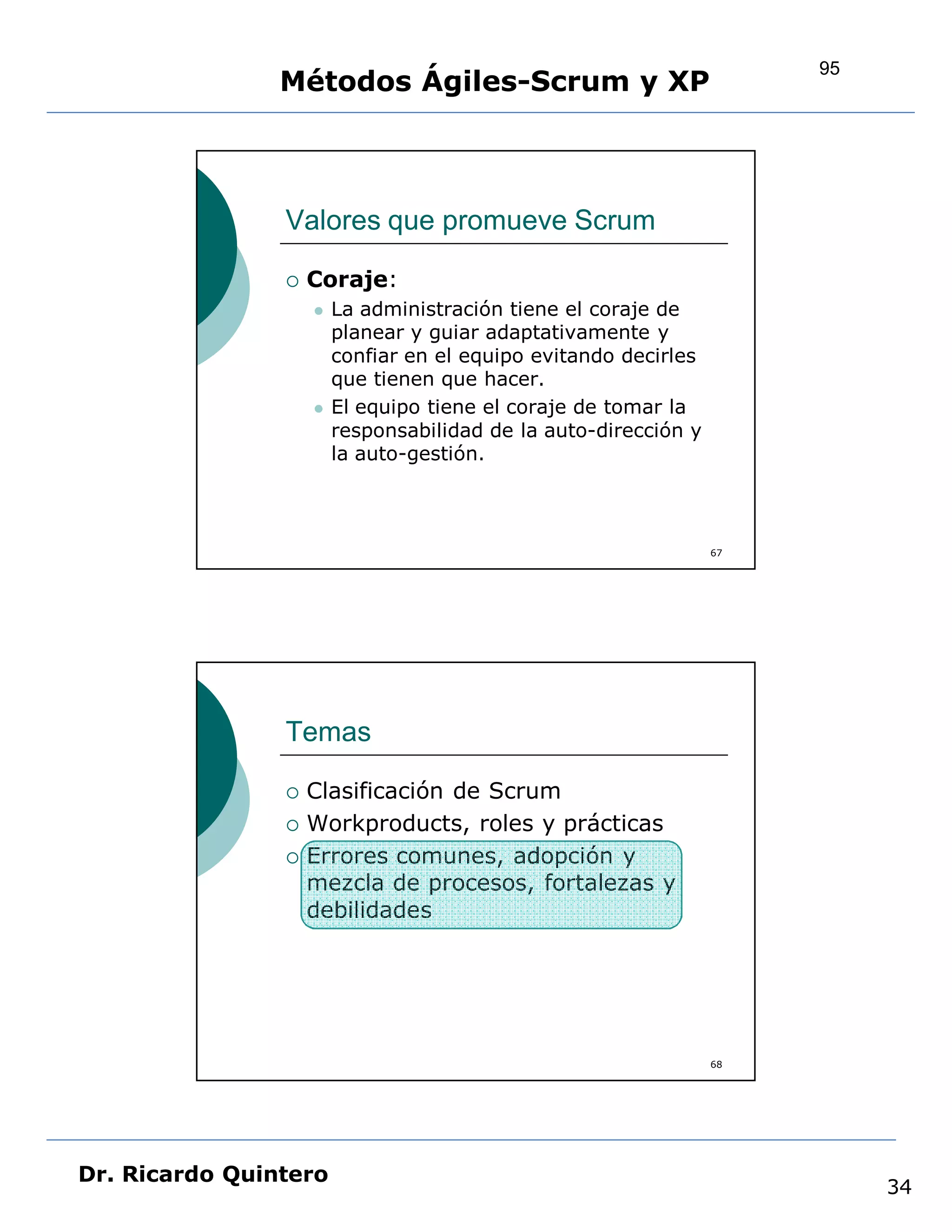 95
                Métodos Ágiles-Scrum y XP



                Valores que promueve Scrum

                   Coraje:
                       La administración tiene el coraje de
                        planear y guiar adaptativamente y
                        confiar en el equipo evitando decirles
                        que tienen que hacer.
                       El equipo tiene el coraje de tomar la
                        responsabilidad de la auto-dirección y
                        la auto-gestión.



                                                                 67




                Temas

                   Clasificación de Scrum
                   Workproducts, roles y prácticas
                   Errores comunes, adopción y
                    mezcla de procesos, fortalezas y
                    debilidades




                                                                 68




Dr. Ricardo Quintero
                                                                           34
 