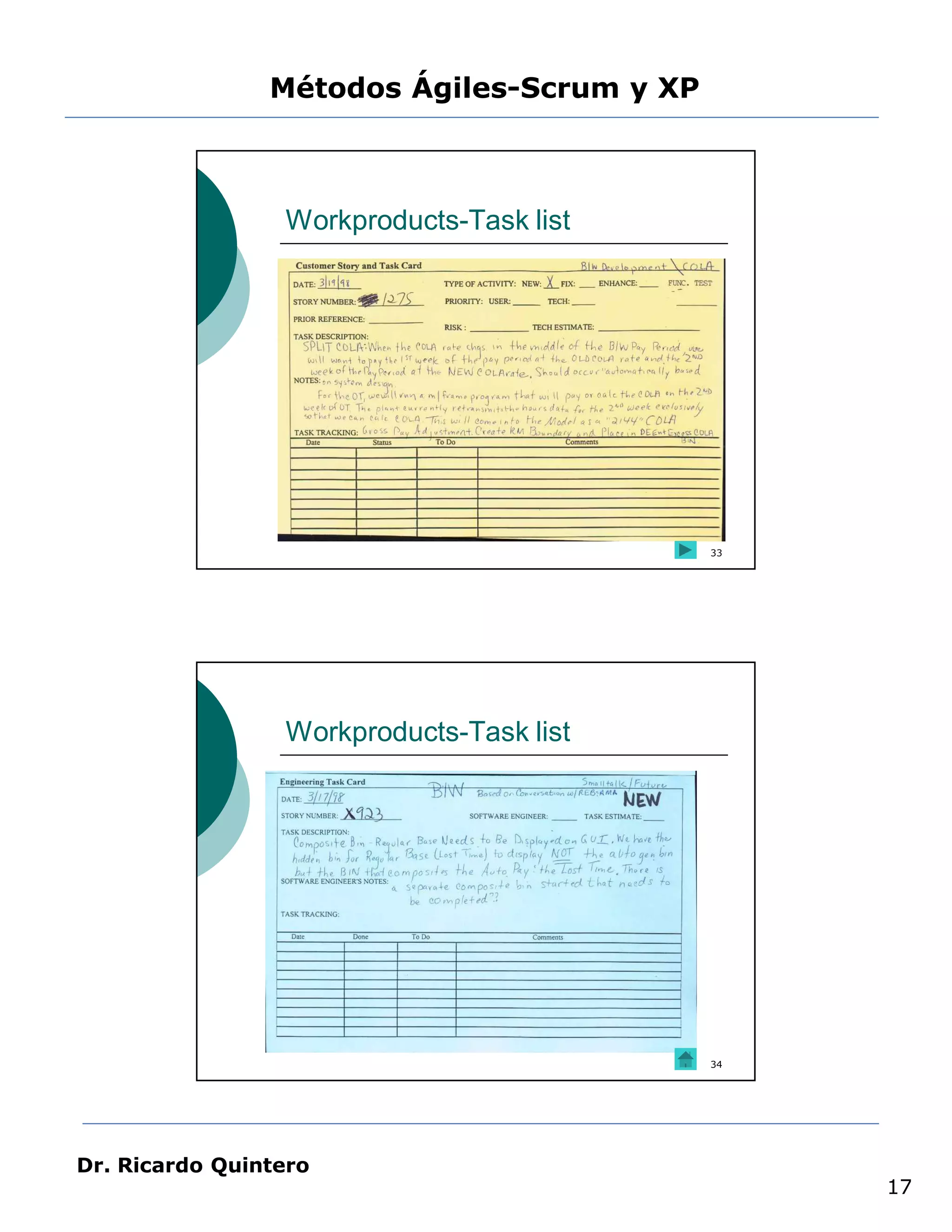 Métodos Ágiles-Scrum y XP



                 Workproducts-Task list




                                            33




                 Workproducts-Task list




                                            34




Dr. Ricardo Quintero
                                                 17
 
