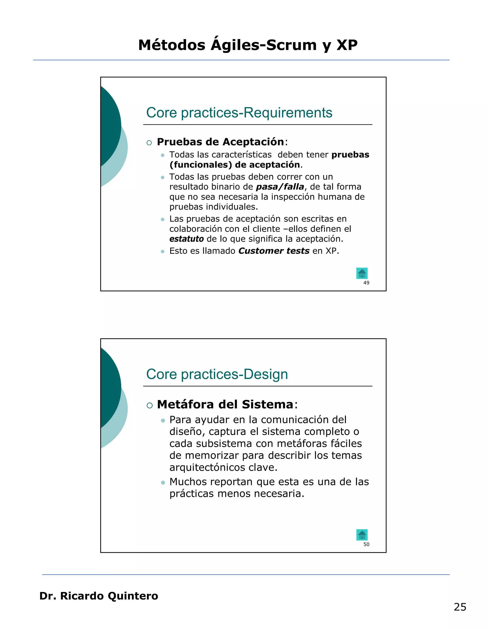 Métodos Ágiles-Scrum y XP



                 Core practices-Requirements
                    Pruebas de Aceptación:
                          Todas las características deben tener pruebas
                           (funcionales) de aceptación.
                          Todas las pruebas deben correr con un
                           resultado binario de pasa/falla, de tal forma
                           que no sea necesaria la inspección humana de
                           pruebas individuales.
                          Las pruebas de aceptación son escritas en
                           colaboración con el cliente –ellos definen el
                           estatuto de lo que significa la aceptación.
                          Esto es llamado Customer tests en XP.


                                                                      49




                 Core practices-Design

                    Metáfora del Sistema:
                          Para ayudar en la comunicación del
                           diseño, captura el sistema completo o
                           cada subsistema con metáforas fáciles
                           de memorizar para describir los temas
                           arquitectónicos clave.
                          Muchos reportan que esta es una de las
                           prácticas menos necesaria.



                                                                      50




Dr. Ricardo Quintero
                                                                           25
 