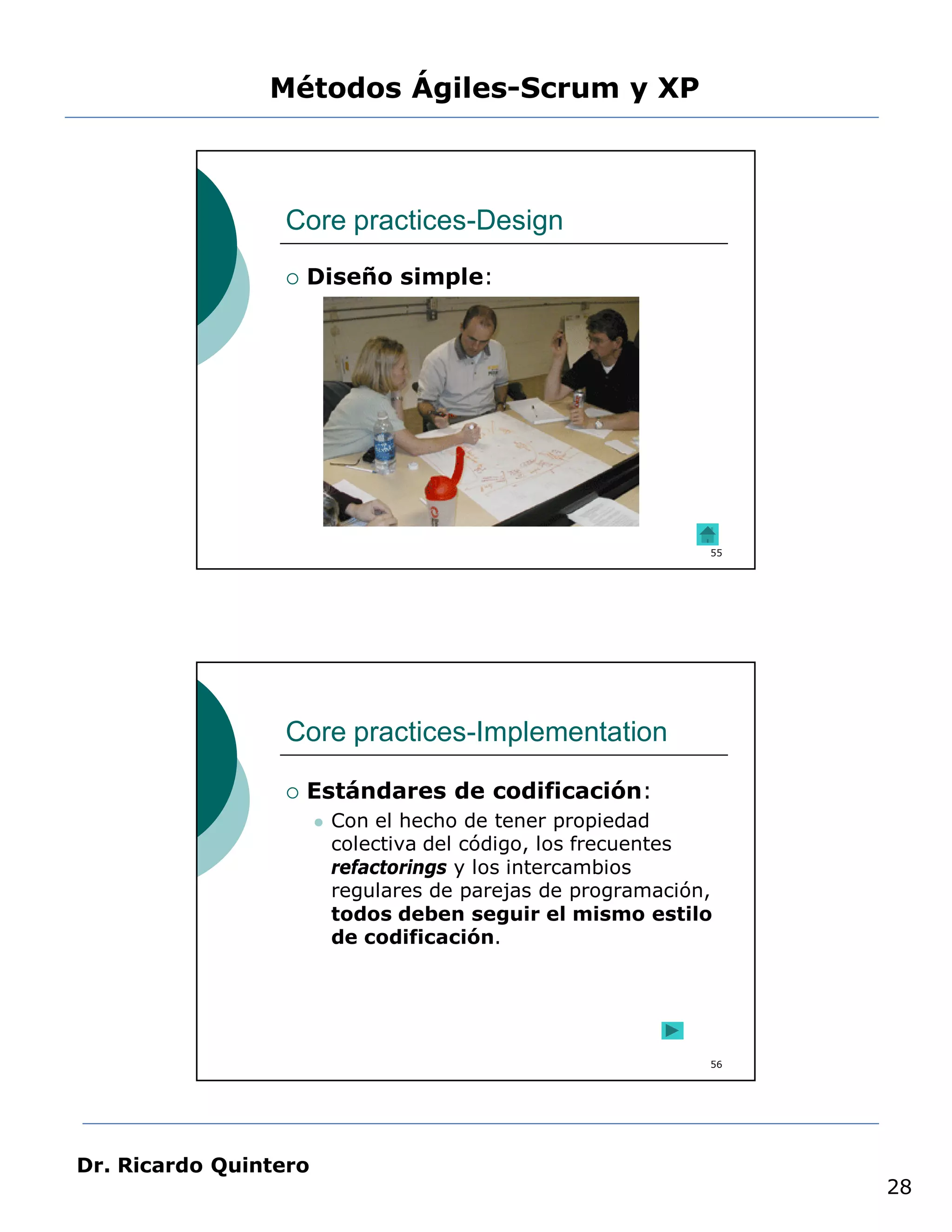 Métodos Ágiles-Scrum y XP



                 Core practices-Design
                    Diseño simple:




                                                               55




                 Core practices-Implementation

                    Estándares de codificación:
                          Con el hecho de tener propiedad
                           colectiva del código, los frecuentes
                           refactorings y los intercambios
                           regulares de parejas de programación,
                           todos deben seguir el mismo estilo
                           de codificación.




                                                               56




Dr. Ricardo Quintero
                                                                    28
 