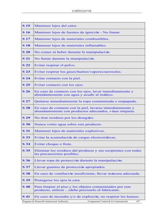 CAPITULO VII
Programa de Desarrollo Institucional Ambiental..................................Componente Control de la Contaminación 187
S 15 Mantener lejos del calor.
S 16 Mantener lejos de fuentes de ignición - No fumar
S 17 Mantener lejos de materiales combustibles.
S 18 Mantener lejos de materiales inflamables.
S 20 No comer ni beber durante la manipulación.
S 21 No fumar durante la manipulación.
S 22 Evitar respirar el polvo.
S 23 Evitar respirar los gases/humos/vapores/aerosoles.
S 24 Evitar contacto con la piel.
S 25 Evitar contacto con los ojos.
S 26 En caso de contacto con los ojos, lavar inmediatamente y
abundantemente con agua y acudir al médico.
S 27 Quitarse inmediatamente la ropa contaminada o empapada..
S 28 En caso de contacto con la piel, lavarse inmediatamente y
abundantemente con productos adecuados, véase etiqueta.
S 29 No tirar residuos por los desagües.
S 30 Nunca verter agua sobre este producto.
S 31 Mantener lejos de materiales explosivos.
S 33 Evitar la acumulación de cargas electrostáticas.
S 34 Evitar choque o frote.
S 35 Eliminar los residuos del producto y sus recipientes con todas
las precauciones posibles.
S 36 Llevar ropa de protección durante la manipulación.
S 37 Llevar guantes de protección apropiados.
S 38 En caso de ventilación insuficiente, llevar máscara adecuada.
S 39 Protegerse los ojos la cara.
S 40 Para limpiar el piso y los objetos contaminados por este
producto, utilizar .. (debe precisarlo el fabricante.
S 41 En caso de incendio y/o de explosión, no respirar los humos.
 