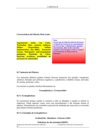 CAPITULO II
Programa de Desarrollo Institucional Ambiental..................................Componente Control de la Contaminación
49
Características del efluente final crudo:
Ligeramente ácido, con Color,
Turbiedad, Olor, contiene Sulfuros,
Sólidos Suspendidos, Sólidos
Sedimentables, alta DBO5, Sustancias
Grasas, Detergentes microorganismos
patógenos, Demanda de Cloro,
bacterias aeróbicas, posibilidad de
presencia de salmonellas.
II.7 Industria del Plástico:
Los materiales plásticos pueden contener diversas sustancias, por ejemplo: compuestos
sintéticos formados por polímeros orgánicos y copolímeros y también resinas, derivados
de caseína, proteínas y otros.
Los mismos se pueden clasificar básicamente en:
Termoplásticos y Termoestables
II.7.1 Termoplásticos:
Se caracterizan porque cuando se someten a calor se ablandan y cuando se enfrían se
endurecen. Puede repetirse varias veces este procedimiento y dar distintas formas al
plástico. Generalmente son sometidos a procesos de moldeado por inyección y/o extrusión
para obtener distintos productos.
II.7.1.a Ejemplos de termoplásticos:
Acrilonitrilo - Butadieno - Estireno (ABS)
Polietileno de alta densidad (HDPE)
Nota:
En este tipo de industria debería efectuarse
el Método de Control de la Contaminación
por Prevención. y Minimización agotada
esta instancia, dado el alto contenido
orgánico en los desagües crudos se requiere
un Tratamiento de Depuración de
Efluentes.
 