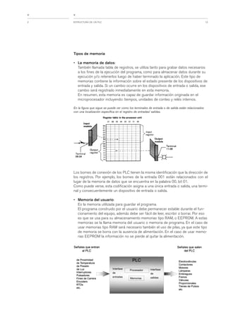13ESTRUCTURA DE UN PLC
<
<
Los bornes de conexión de los PLC tienen la misma identificación que la dirección de
los registros. Por ejemplo, los bornes de la entrada 001 están relacionados con el
lugar de la memoria de datos que se encuentra en la palabra 00, bit 01.
Como puede verse, esta codificación asigna a una única entrada o salida, una termi-
nal y consecuentemente un dispositivo de entrada o salida.
• Memoria del usuario:
Es la memoria utilizada para guardar el programa.
El programa construido por el usuario debe permanecer estable durante el fun-
cionamiento del equipo, además debe ser fácil de leer, escribir o borrar. Por eso
es que se usa para su almacenamiento memorias tipo RAM, o EEPROM. A estas
memorias se la llama memoria del usuario o memoria de programa. En el caso de
usar memorias tipo RAM será necesario también el uso de pilas, ya que este tipo
de memoria se borra con la ausencia de alimentación. En el caso de usar memo-
rias EEPROM la información no se pierde al quitar la alimentación.
Tipos de memoria
• La memoria de datos:
También llamada tabla de registros, se utiliza tanto para grabar datos necesarios
a los fines de la ejecución del programa, como para almacenar datos durante su
ejecución y/o retenerlos luego de haber terminado la aplicación. Este tipo de
memorias contiene la información sobre el estado presente de los dispositivos de
entrada y salida. Si un cambio ocurre en los dispositivos de entrada o salida, ese
cambio será registrado inmediatamente en esta memoria.
En resumen, esta memoria es capaz de guardar información originada en el
microprocesador incluyendo: tiempos, unidades de conteo y relés internos.
En la figura que sigue se puede ver como los terminales de entrada o de salida están relacionados
con una localización específica en el registro de entradas/ salidas.
2
 