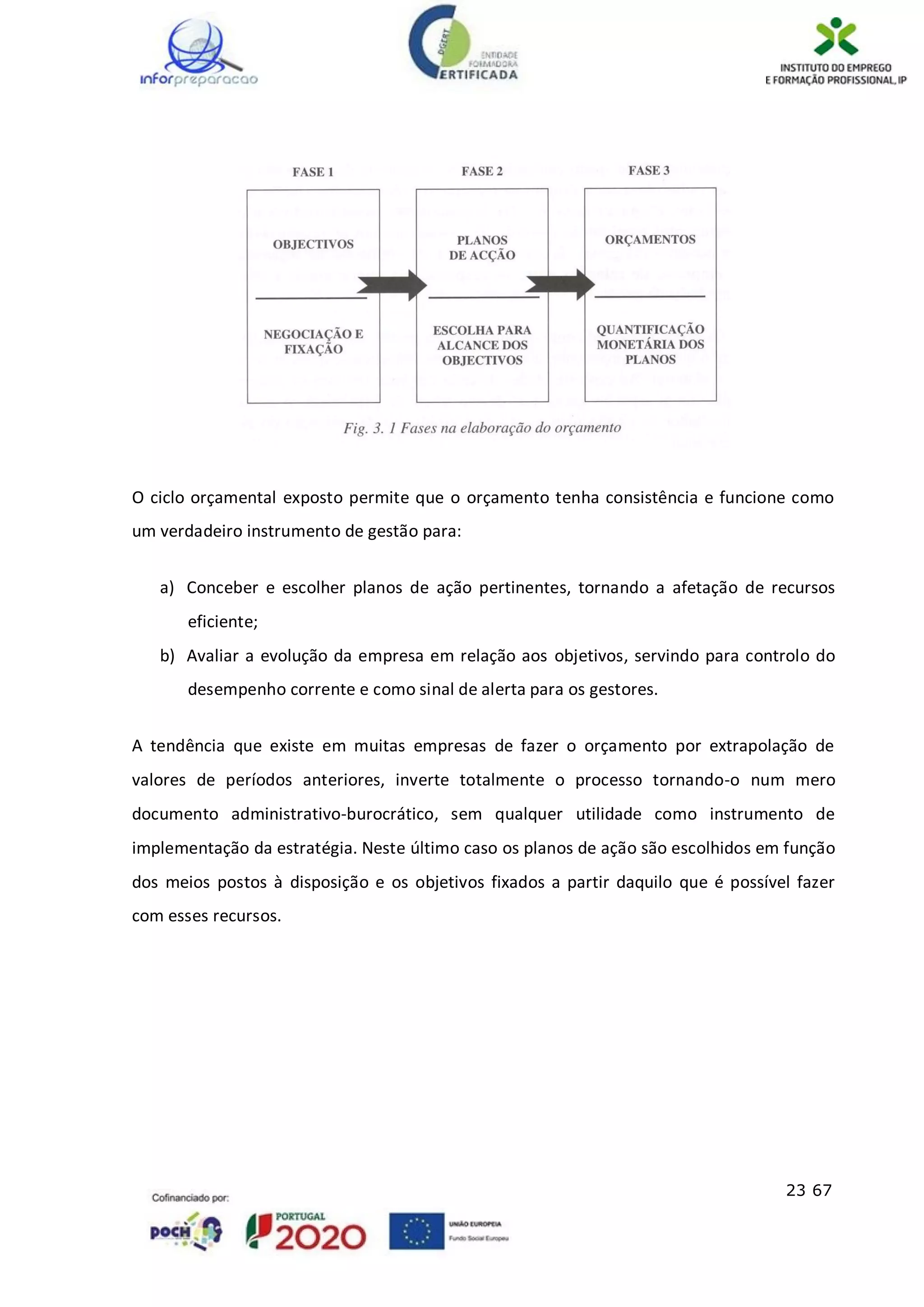 23 67
O ciclo orçamental exposto permite que o orçamento tenha consistência e funcione como
um verdadeiro instrumento de gestão para:
a) Conceber e escolher planos de ação pertinentes, tornando a afetação de recursos
eficiente;
b) Avaliar a evolução da empresa em relação aos objetivos, servindo para controlo do
desempenho corrente e como sinal de alerta para os gestores.
A tendência que existe em muitas empresas de fazer o orçamento por extrapolação de
valores de períodos anteriores, inverte totalmente o processo tornando-o num mero
documento administrativo-burocrático, sem qualquer utilidade como instrumento de
implementação da estratégia. Neste último caso os planos de ação são escolhidos em função
dos meios postos à disposição e os objetivos fixados a partir daquilo que é possível fazer
com esses recursos.
 