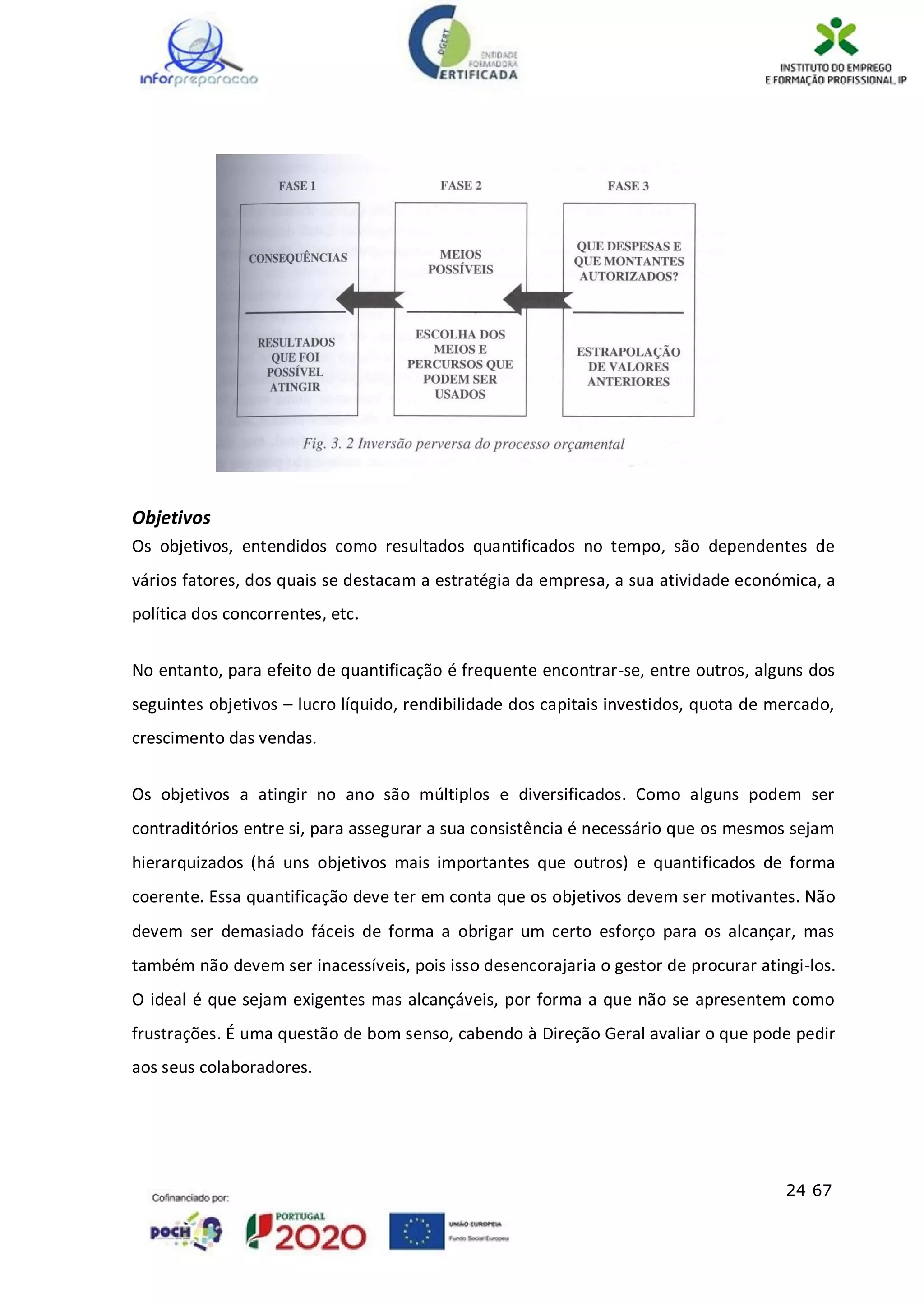 24 67
Objetivos
Os objetivos, entendidos como resultados quantificados no tempo, são dependentes de
vários fatores, dos quais se destacam a estratégia da empresa, a sua atividade económica, a
política dos concorrentes, etc.
No entanto, para efeito de quantificação é frequente encontrar-se, entre outros, alguns dos
seguintes objetivos – lucro líquido, rendibilidade dos capitais investidos, quota de mercado,
crescimento das vendas.
Os objetivos a atingir no ano são múltiplos e diversificados. Como alguns podem ser
contraditórios entre si, para assegurar a sua consistência é necessário que os mesmos sejam
hierarquizados (há uns objetivos mais importantes que outros) e quantificados de forma
coerente. Essa quantificação deve ter em conta que os objetivos devem ser motivantes. Não
devem ser demasiado fáceis de forma a obrigar um certo esforço para os alcançar, mas
também não devem ser inacessíveis, pois isso desencorajaria o gestor de procurar atingi-los.
O ideal é que sejam exigentes mas alcançáveis, por forma a que não se apresentem como
frustrações. É uma questão de bom senso, cabendo à Direção Geral avaliar o que pode pedir
aos seus colaboradores.
 