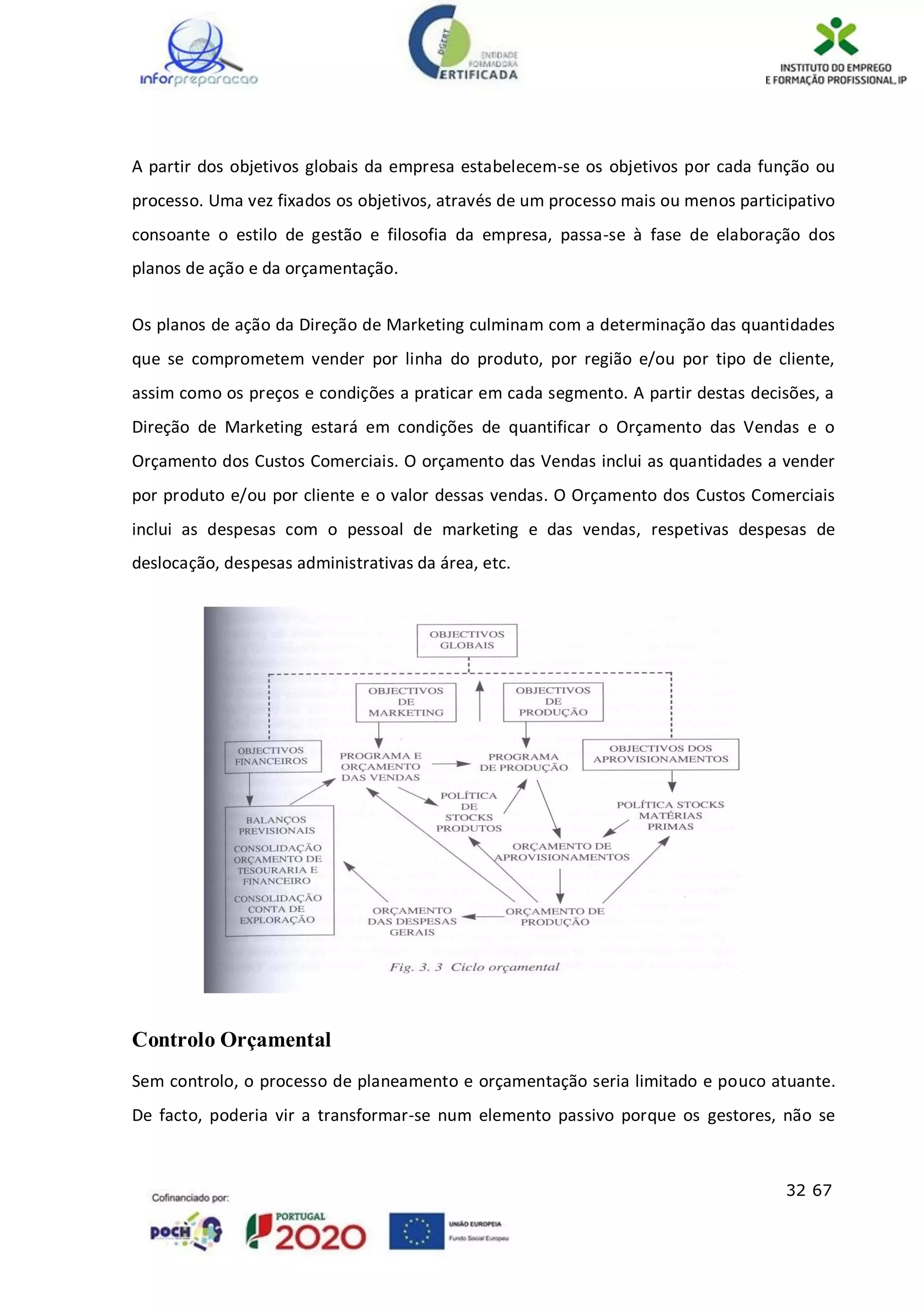 32 67
A partir dos objetivos globais da empresa estabelecem-se os objetivos por cada função ou
processo. Uma vez fixados os objetivos, através de um processo mais ou menos participativo
consoante o estilo de gestão e filosofia da empresa, passa-se à fase de elaboração dos
planos de ação e da orçamentação.
Os planos de ação da Direção de Marketing culminam com a determinação das quantidades
que se comprometem vender por linha do produto, por região e/ou por tipo de cliente,
assim como os preços e condições a praticar em cada segmento. A partir destas decisões, a
Direção de Marketing estará em condições de quantificar o Orçamento das Vendas e o
Orçamento dos Custos Comerciais. O orçamento das Vendas inclui as quantidades a vender
por produto e/ou por cliente e o valor dessas vendas. O Orçamento dos Custos Comerciais
inclui as despesas com o pessoal de marketing e das vendas, respetivas despesas de
deslocação, despesas administrativas da área, etc.
Controlo Orçamental
Sem controlo, o processo de planeamento e orçamentação seria limitado e pouco atuante.
De facto, poderia vir a transformar-se num elemento passivo porque os gestores, não se
 