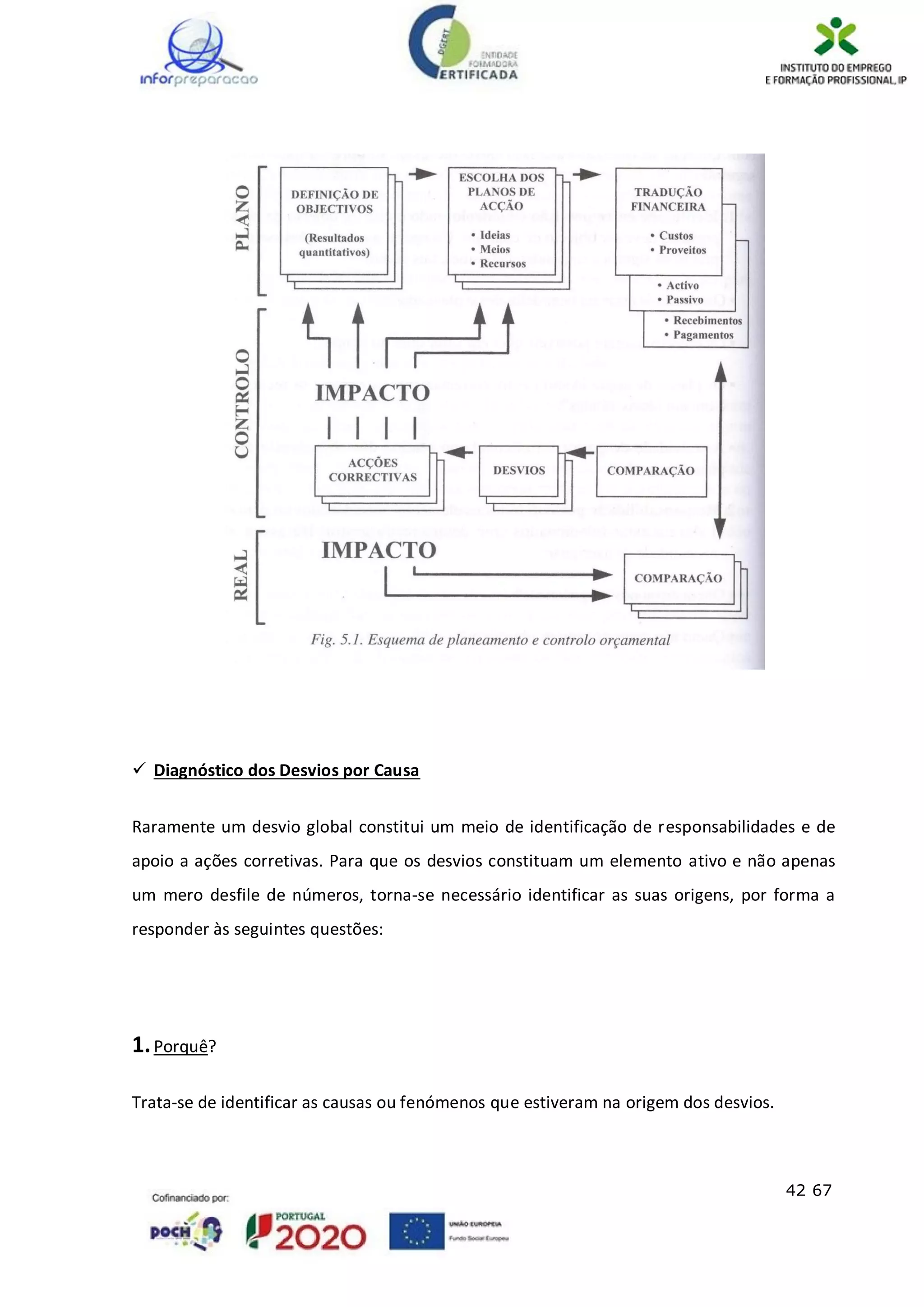 42 67
 Diagnóstico dos Desvios por Causa
Raramente um desvio global constitui um meio de identificação de responsabilidades e de
apoio a ações corretivas. Para que os desvios constituam um elemento ativo e não apenas
um mero desfile de números, torna-se necessário identificar as suas origens, por forma a
responder às seguintes questões:
1.Porquê?
Trata-se de identificar as causas ou fenómenos que estiveram na origem dos desvios.
 