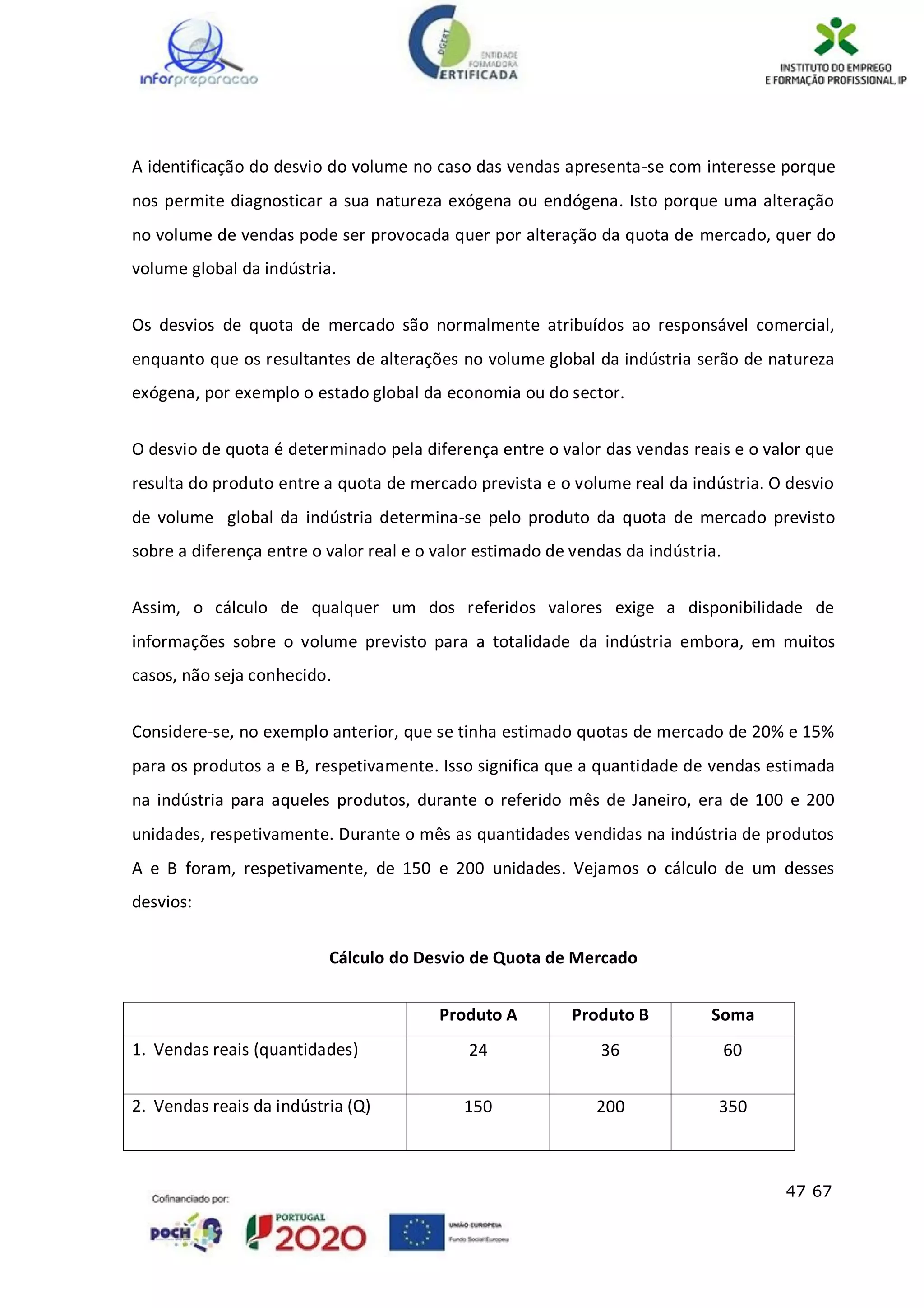 47 67
A identificação do desvio do volume no caso das vendas apresenta-se com interesse porque
nos permite diagnosticar a sua natureza exógena ou endógena. Isto porque uma alteração
no volume de vendas pode ser provocada quer por alteração da quota de mercado, quer do
volume global da indústria.
Os desvios de quota de mercado são normalmente atribuídos ao responsável comercial,
enquanto que os resultantes de alterações no volume global da indústria serão de natureza
exógena, por exemplo o estado global da economia ou do sector.
O desvio de quota é determinado pela diferença entre o valor das vendas reais e o valor que
resulta do produto entre a quota de mercado prevista e o volume real da indústria. O desvio
de volume global da indústria determina-se pelo produto da quota de mercado previsto
sobre a diferença entre o valor real e o valor estimado de vendas da indústria.
Assim, o cálculo de qualquer um dos referidos valores exige a disponibilidade de
informações sobre o volume previsto para a totalidade da indústria embora, em muitos
casos, não seja conhecido.
Considere-se, no exemplo anterior, que se tinha estimado quotas de mercado de 20% e 15%
para os produtos a e B, respetivamente. Isso significa que a quantidade de vendas estimada
na indústria para aqueles produtos, durante o referido mês de Janeiro, era de 100 e 200
unidades, respetivamente. Durante o mês as quantidades vendidas na indústria de produtos
A e B foram, respetivamente, de 150 e 200 unidades. Vejamos o cálculo de um desses
desvios:
Cálculo do Desvio de Quota de Mercado
Produto A Produto B Soma
1. Vendas reais (quantidades) 24 36 60
2. Vendas reais da indústria (Q) 150 200 350
 