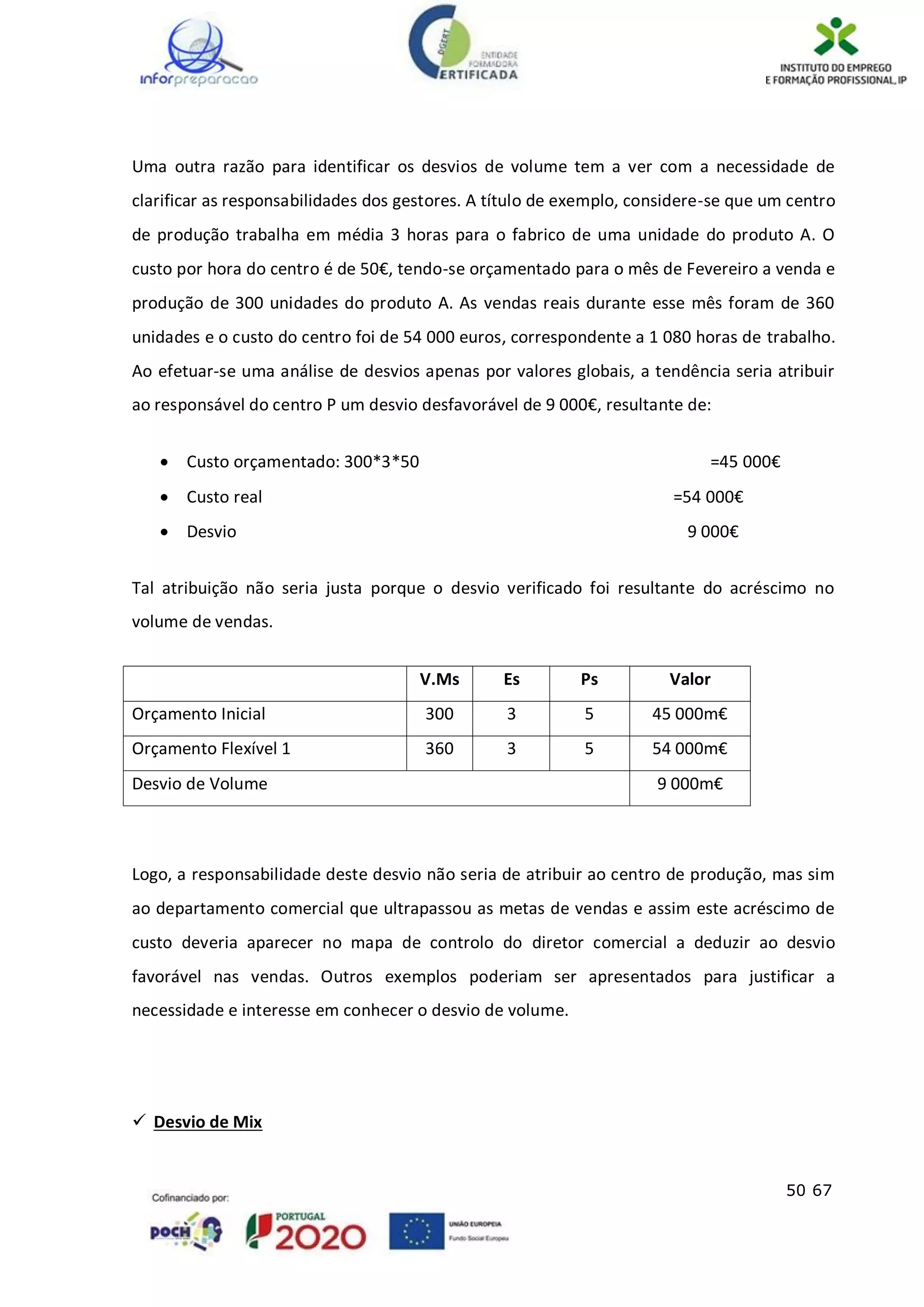 50 67
Uma outra razão para identificar os desvios de volume tem a ver com a necessidade de
clarificar as responsabilidades dos gestores. A título de exemplo, considere-se que um centro
de produção trabalha em média 3 horas para o fabrico de uma unidade do produto A. O
custo por hora do centro é de 50€, tendo-se orçamentado para o mês de Fevereiro a venda e
produção de 300 unidades do produto A. As vendas reais durante esse mês foram de 360
unidades e o custo do centro foi de 54 000 euros, correspondente a 1 080 horas de trabalho.
Ao efetuar-se uma análise de desvios apenas por valores globais, a tendência seria atribuir
ao responsável do centro P um desvio desfavorável de 9 000€, resultante de:
 Custo orçamentado: 300*3*50 =45 000€
 Custo real =54 000€
 Desvio 9 000€
Tal atribuição não seria justa porque o desvio verificado foi resultante do acréscimo no
volume de vendas.
V.Ms Es Ps Valor
Orçamento Inicial 300 3 5 45 000m€
Orçamento Flexível 1 360 3 5 54 000m€
Desvio de Volume 9 000m€
Logo, a responsabilidade deste desvio não seria de atribuir ao centro de produção, mas sim
ao departamento comercial que ultrapassou as metas de vendas e assim este acréscimo de
custo deveria aparecer no mapa de controlo do diretor comercial a deduzir ao desvio
favorável nas vendas. Outros exemplos poderiam ser apresentados para justificar a
necessidade e interesse em conhecer o desvio de volume.
 Desvio de Mix
 
