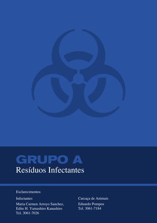 GRUPO A
Resíduos Infectantes
Esclarecimentos
Infectantes
Maria Carmen Arroyo Sanchez,
Edite H. Yamashiro Kanashiro
Tel. 3061-7026
Carcaça de Animais
Eduardo Pompeu
Tel. 3061-7184
 