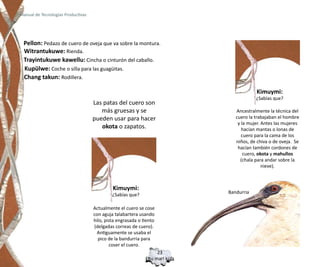 Manual de Tecnologías Productivas




 Pellon: Pedazo de cuero de oveja que va sobre la montura.
 Witrantukuwe: Rienda.
 Trayintukuwe kawellu: Cincha o cinturón del caballo.
 Kupülwe: Coche o silla para las guagüitas.
 Chang takun: Rodillera.

                                                                                         Kimuymi:
                                                                                         ¿Sabías que?
                                    Las patas del cuero son
                                       más gruesas y se                         Ancestralmente la técnica del
                                    pueden usar para hacer                      cuero la trabajaban el hombre
                                                                                 y la mujer. Antes las mujeres
                                       okota o zapatos.                            hacían mantas o lonas de
                                                                                   cuero para la cama de los
                                                                                niños, de chiva o de oveja. Se
                                                                                 hacían también cordones de
                                                                                    cuero, okota y mahullos
                                                                                  (chala para andar sobre la
                                                                                             nieve).



                                             Kimuymi:
                                             ¿Sabías que?                    Bandurria


                                    Actualmente el cuero se cose
                                    con aguja talabartera usando
                                    hilo, pista engrasada o tiento
                                    (delgadas correas de cuero).
                                     Antiguamente se usaba el
                                      pico de la bandurria para
                                            coser el cuero.
                                                                  23
                                                             Epu mari küla
 