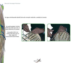 Manual de Tecnologías Productivas




Se sigue entrelazando dando forma de armazón redondo u ovalado al canasto.




  Se puede agregar mimbre
 teñido de color para dar un
 toque diferente al canasto.

     Se pueden teñir con
    anilina del color que se
         elija, según las
  instrucciones del envase.




                                                         37
                                                   Küla mari regle
 