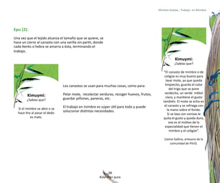 Mimbre küdaw , Trabajo en Mimbre




Epu (2):
Una vez que el tejido alcanza el tamaño que se quiere, se
hace un cierre al canasto con una varilla sin partir, donde
cada tiento o hebra se amarra a ésta, terminando el
trabajo.

                                                                                                       Kimuymi:
                                                                                                      ¿Sabías que?

                                                                                              “El canasto de mimbre o de
                                                                                               coligüe es muy bueno para
                                                                                                lavar mote, ya que queda
                                Los canastos se usan para muchas cosas, como para:             limpiecito, guarda el color
                                                                                                   del trigo que se pone
                                Pelar mote, recolectar verduras, recoger huevos, frutos,       verdecito, un verde trébol
        Kimuymi:                                                                                claro, y mantiene el gusto
        ¿Sabías que?            guardar piñones, paneras, etc.
                                                                                              también. El mote se echa en
                                El trabajo en mimbre es súper útil para todo y puede           el canasto y se refriega con
  Si el mimbre se abre o se                                                                      la mano sobre el fondo.
  hace tira al pasar el dedo
                                solucionar distintas necesidades.
                                                                                                 Si se lava con cenizas le
           es malo.                                                                           quita el gusto y queda duro,
                                                                                                  ese es el motivo de la
                                                                                               especialidad que tienen el
                                                                                                   mimbre y el coligüe”.

                                                                                               (Jaime Gallina, artesano de la
                                                                                                   comunidad de Pitril).




                                                              38
                                                        Küla mari pura
 