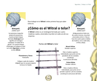 Ngurekan , Trabajo en Telar




                                 Para trabajar en el Witral o telar primero hay que saber
                                 cómo es.

        Kimuymi:
        ¿Sabías que?
                                 ¿Cómo es el Witral o telar?                                                Kimuymi:
                                                                                                            ¿Sabías que?
                                 El Witral o telar es un rectángulo formado por cuatro
    Las personas mapuche         maderas o palos, amarrados muy bien en cada una de sus            Antiguamente el telar era
     pewenche poseemos                                                                            de cuatro troncos, muy bien
                                 esquinas.
     nuestra propia lengua                                                                         amarrados entre sí. Hoy se
   llamada chedungun que                                                                          hace de cuatro palos o tablas
      significa en la lengua                                                                      de madera, uno a cada lado,
  castellana “el habla de la                                                                             arriba y abajo.
  gente”. En nuestra lengua                      Partes del Witral o telar
chedungun al trabajo en telar                                                           Wuenü Külow
se le dice Ngurekan y al telar                                                         Parador superior:
         se dice Witral.
                                                                                    Palo o madera superior,
                                                                                 redondeado, que junto con los
                   Püramtonon y Tonon                                              paradores de los costados
                       Travesaño:                                                           constituye
                                                                                     la estructura del telar.
                 Coligue o palo de madera
              delgado que se usa para separar                                            Pulom Külow
                     la lana en el tejido.                                              Parador inferior:

                                                                                     Palo o madera inferior,
                                                                                  redondeado, que junto con el
                                                                               parador superior y de los costados
                                                                                constituye la estructura del telar.
                                                              2
                                                             Epu
 