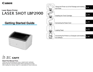 Read This Manual First.
Thank you for purchasing the Canon LASER SHOT LBP2900.
Please read this manual thoroughly before operating the printer.
After reading this manual, keep it in a safe place for future reference.
p. 6
p. 10
p. 14
p. 15
p. 22
Getting Started Guide
Step1
Step2
Step3
Step4
Step5
Taking the Printer out of the Package and Installing
the Printer
Installing the Toner Cartridge
Connecting the Power Cord
Loading Paper
Connecting the Printer to a Computer and Installing
the Software
Laser Beam Printer
 