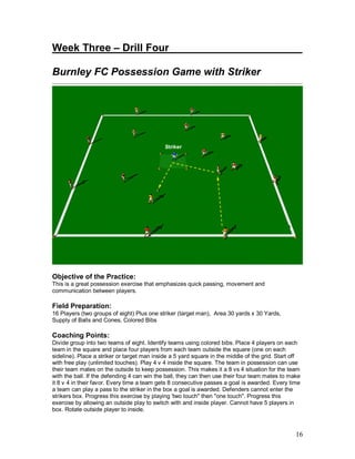 16
Week Three – Drill Four______________ ________
Burnley FC Possession Game with Striker
Objective of the Practice:
This is a great possession exercise that emphasizes quick passing, movement and
communication between players.
Field Preparation:
16 Players (two groups of eight) Plus one striker (target man), Area 30 yards x 30 Yards,
Supply of Balls and Cones, Colored Bibs
Coaching Points:
Divide group into two teams of eight. Identify teams using colored bibs. Place 4 players on each
team in the square and place four players from each team outside the square (one on each
sideline). Place a striker or target man inside a 5 yard square in the middle of the grid. Start off
with free play (unlimited touches). Play 4 v 4 inside the square. The team in possession can use
their team mates on the outside to keep possession. This makes it a 8 vs 4 situation for the team
with the ball. If the defending 4 can win the ball, they can then use their four team mates to make
it 8 v 4 in their favor. Every time a team gets 8 consecutive passes a goal is awarded. Every time
a team can play a pass to the striker in the box a goal is awarded. Defenders cannot enter the
strikers box. Progress this exercise by playing 'two touch" then "one touch". Progress this
exercise by allowing an outside play to switch with and inside player. Cannot have 5 players in
box. Rotate outside player to inside.
 