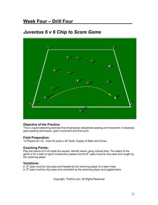21
Week Four – Drill Four______________ ________
Juventus 6 v 6 Chip to Score Game
Objective of the Practice:
This is a good attacking exercise that emphasizes disciplined passing and movement. It develops
good passing techniques, good movement and first touch.
Field Preparation:
12 Players (6 v 6), Area 30 yards x 30 Yards, Supply of Balls and Cones.
Coaching Points:
Play two teams of 6 v6 inside the square. Identify teams using colored bibs. The object of the
game is for a team to get 8 consecutive passes but the 8th
pass must be chip pass and caught by
the receiving player.
Variations:
8th
pass must be chip pass and headed by the receiving player to a team mate.
8th
pass must be chip pass and controlled by the receiving player and juggled twice.
Copyright, TheICA.com, All Rights Reserved
 