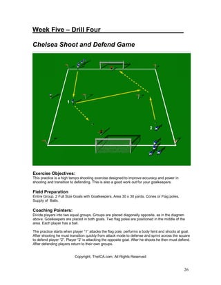 26
Week Five – Drill Four______________ ________
Chelsea Shoot and Defend Game
Exercise Objectives:
This practice is a high tempo shooting exercise designed to improve accuracy and power in
shooting and transition to defending. This is also a good work out for your goalkeepers.
Field Preparation
Entire Group, 2 Full Size Goals with Goalkeepers, Area 30 x 30 yards, Cones or Flag poles,
Supply of Balls.
Coaching Pointers:
Divide players into two equal groups. Groups are placed diagonally opposite, as in the diagram
above. Goalkeepers are placed in both goals. Two flag poles are positioned in the middle of the
area. Each player has a ball.
The practice starts when player “1” attacks the flag pole, performs a body feint and shoots at goal.
After shooting he must transition quickly from attack mode to defense and sprint across the square
to defend player “2”. Player “2’ is attacking the opposite goal. After he shoots he then must defend.
After defending players return to their own groups.
Copyright, TheICA.com, All Rights Reserved
 