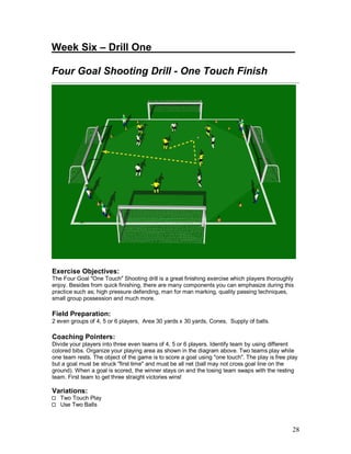 28
Week Six – Drill One_________________________
Four Goal Shooting Drill - One Touch Finish
Exercise Objectives:
The Four Goal "One Touch" Shooting drill is a great finishing exercise which players thoroughly
enjoy. Besides from quick finishing, there are many components you can emphasize during this
practice such as; high pressure defending, man for man marking, quality passing techniques,
small group possession and much more.
Field Preparation:
2 even groups of 4, 5 or 6 players, Area 30 yards x 30 yards, Cones, Supply of balls.
Coaching Pointers:
Divide your players into three even teams of 4, 5 or 6 players. Identify team by using different
colored bibs. Organize your playing area as shown in the diagram above. Two teams play while
one team rests. The object of the game is to score a goal using "one touch". The play is free play
but a goal must be struck "first time" and must be all net (ball may not cross goal line on the
ground). When a goal is scored, the winner stays on and the losing team swaps with the resting
team. First team to get three straight victories wins!
Variations:
Two Touch Play
Use Two Balls
 