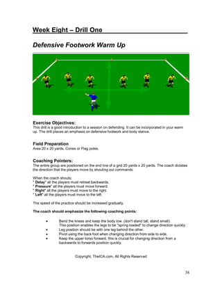38
Week Eight – Drill One_ ______________________
Defensive Footwork Warm Up
Exercise Objectives:
This drill is a good introduction to a session on defending. It can be incorporated in your warm
up. The drill places an emphasis on defensive footwork and body stance.
Field Preparation
Area 20 x 20 yards, Cones or Flag poles.
Coaching Pointers:
The entire group are positioned on the end line of a grid 20 yards x 20 yards. The coach dictates
the direction that the players move by shouting out commands.
When the coach shouts;
" Delay" all the players must retreat backwards.
" Pressure" all the players must move forward.
" Right" all the players must move to the right.
" Left" all the players must move to the left.
The speed of the practice should be increased gradually.
The coach should emphasize the following coaching points:
• Bend the knees and keep the body low. (don't stand tall, stand small).
This position enables the legs to be "spring loaded" to change direction quickly.
• Leg position should be with one leg behind the other.
• Pivot using the back foot when changing direction from side to side.
• Keep the upper torso forward, this is crucial for changing direction from a
backwards to forwards position quickly.
Copyright, TheICA.com, All Rights Reserved
 