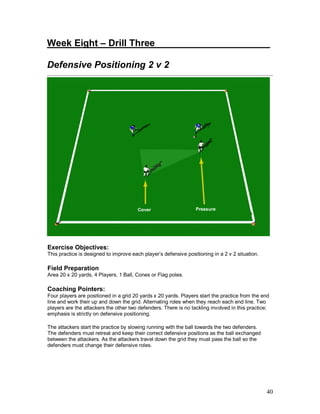 40
Week Eight – Drill Three______________________
Defensive Positioning 2 v 2
Exercise Objectives:
This practice is designed to improve each player’s defensive positioning in a 2 v 2 situation.
Field Preparation
Area 20 x 20 yards, 4 Players, 1 Ball, Cones or Flag poles.
Coaching Pointers:
Four players are positioned in a grid 20 yards x 20 yards. Players start the practice from the end
line and work their up and down the grid. Alternating roles when they reach each end line. Two
players are the attackers the other two defenders. There is no tackling involved in this practice;
emphasis is strictly on defensive positioning.
The attackers start the practice by slowing running with the ball towards the two defenders.
The defenders must retreat and keep their correct defensive positions as the ball exchanged
between the attackers. As the attackers travel down the grid they must pass the ball so the
defenders must change their defensive roles.
 