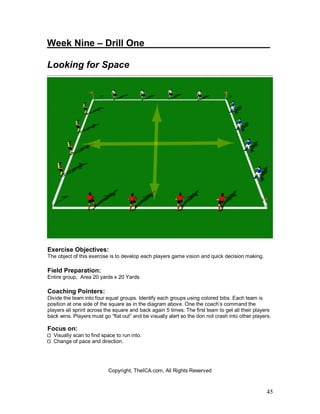 45
Week Nine – Drill One________________________
Looking for Space
Exercise Objectives:
The object of this exercise is to develop each players game vision and quick decision making.
Field Preparation:
Entire group, Area 20 yards x 20 Yards
Coaching Pointers:
Divide the team into four equal groups. Identify each groups using colored bibs. Each team is
position at one side of the square as in the diagram above. One the coach’s command the
players all sprint across the square and back again 5 times. The first team to get all their players
back wins. Players must go “flat out” and be visually alert so the don not crash into other players.
Focus on:
Visually scan to find space to run into.
Change of pace and direction.
Copyright, TheICA.com, All Rights Reserved
 