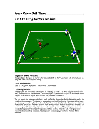 5
Week One – Drill Three_______________________
3 v 1 Passing Under Pressure
Objective of the Practice:
This practice is designed to improve the technical ability of the “Push Pass” with an emphasis on
“disguise, pace, accuracy and timing”.
Field Preparation:
Area 10 x 10 yards. 4 players. 1 ball. Cones. Colored bibs.
Coaching Points:
Three players are positioned within a grid 10 yards by 10 yards. The three players must try and
keep possession from the defender. The three players in possession may move anywhere within
the grid. The defender's goal is to disposes the players in possession.
The two supporting players must always work to offer the deepest and widest possible angles for
the player in possession. The player in possession must look to disguise their passing intentions
by using step-overs, body feints and head fakes. They must also have the discipline to hold on to
the ball and commit the defender towards them. If they release the ball too early the defender will
have less ground to cover to put pressure on the receiving player. Players in possession are
awarded one goal for 10 consecutive passes. Rotate working defender with resting defender
frequently to ensure high pressure. Rotate players so each player performs the role of the
defender.
 