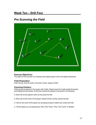 53
Week Ten – Drill Four_______________ ________
Pre Scanning the Field
Exercise Objectives:
The object of this exercise is to develop each players game vision and spatial awareness.
Field Preparation
Entire Group, Area 20 yards x 20 yards, Cones, Supply of balls.
Coaching Pointers:
Entire group are placed in the square with 2 balls. Players pass the 2 balls inside the square,
exchanging the ball quickly. During the exercise the players must perform the following:
Must call out the players name as they pass the ball.
Must call out the name of the player closest to them as they receive the ball.
Call out the name of the player you are going to pass to before you receive the ball.
Tell the player you are passing too; Play “One Touch”, Play “Two Touch” or Dribble!
 