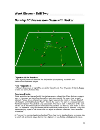 56
Week Eleven – Drill Two______________________
Burnley FC Possession Game with Striker
Objective of the Practice:
This is a great possession exercise that emphasizes quick passing, movement and
communication between players.
Field Preparation:
16 Players (two groups of eight) Plus one striker (target man), Area 30 yards x 30 Yards, Supply
of Balls and Cones, Colored Bibs.
Coaching Points:
Divide group into two teams of eight. Identify teams using colored bibs. Place 4 players on each
team in the square and place four players from each team outside the square (one on each
sideline). Place a striker or target man inside a 5 yard square in the middle of the grid. Start off
with free play (unlimited touches). Play 4 v 4 inside the square. The team in possession can use
their team mates on the outside to keep possession. This makes it a 8 vs 4 situation for the team
with the ball. If the defending 4 can win the ball, they can then use their four team mates to make
it 8 v 4 in their favor. Every time a team gets 8 consecutive passes a goal is awarded. Every time
a team can play a pass to the striker in the box a goal is awarded. Defenders cannot enter the
strikers box.
Progress this exercise by playing 'two touch" then "one touch" also by allowing an outside play
to switch with and inside player. Cannot have 5 players in box. Rotate outside player to inside.
 