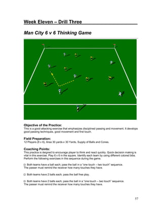 57
Week Eleven – Drill Three_____________________
Man City 6 v 6 Thinking Game
Objective of the Practice:
This is a good attacking exercise that emphasizes disciplined passing and movement. It develops
good passing techniques, good movement and first touch.
Field Preparation:
12 Players (6 v 6), Area 30 yards x 30 Yards, Supply of Balls and Cones.
Coaching Points:
This practice is deigned to encourage player to think and react quickly. Quick decision making is
vital in this exercise. Play 6 v 6 in the square. Identify each team by using different colored bibs.
Perform the following exercises in this sequence during the game.
Both teams have a ball each; pass the ball in a “one touch – two touch” sequence.
The passer must remind the receiver how many touches they have.
Both teams have 2 balls each; pass the ball free play.
Both teams have 2 balls each; pass the ball in a “one touch – two touch” sequence.
The passer must remind the receiver how many touches they have.
 