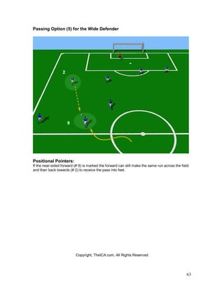 63
Passing Option (5) for the Wide Defender
Positional Pointers:
If the near-sided forward (# 9) is marked the forward can still make the same run across the field
and then back towards (# 2) to receive the pass into feet.
Copyright, TheICA.com, All Rights Reserved
 