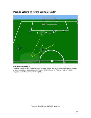 66
Passing Options (2) for the Central Defender
Positional Pointers:
The wide midfielder (# 7) makes a decoy run for a pass to feet. The central defender (#5) makes
a long pass into the space created behind the right midfielder (# 7) for an inside to outside
diagonal run by the central midfielder (# 8).
Copyright, TheICA.com, All Rights Reserved
 