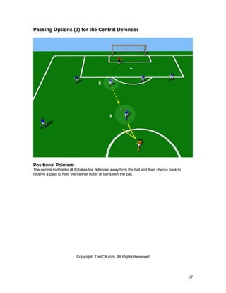 67
Passing Options (3) for the Central Defender
Positional Pointers:
The central midfielder (# 8) takes the defender away from the ball and then checks back to
receive a pass to feet, then either holds or turns with the ball.
Copyright, TheICA.com, All Rights Reserved
 