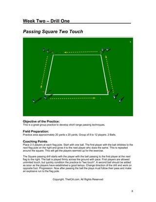 8
Week Two – Drill One________________________
Passing Square Two Touch
Objective of the Practice:
This is a great group practice to develop short range passing techniques.
Field Preparation:
Practice area approximately 20 yards x 20 yards, Group of 8 to 12 players. 2 Balls.
Coaching Points:
Place 2-3 players at each flag pole. Start with one ball. The first player with the ball dribbles to the
next flag pole on the right and gives it to the next player who does the same. This is repeated
around the square. This will get the players warmed up for the exercise.
The Square passing drill starts with the player with the ball passing to the first player at the next
flag to the right. The ball is played firmly across the ground with pace. First players are allowed
unlimited touch, but quickly condition the practice to "two touch". A second ball should be added
as soon as the players have established a good tempo. Change direction of the drill and work on
opposite foot. Progression: Now after passing the ball the plays must follow their pass and make
an explosive run to the flag pole.
Copyright, TheICA.com, All Rights Reserved
 