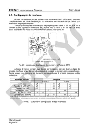 PRESYS  Instrumentos e Sistemas DMY - 2030
Manutenção
Página 28
4.2 - Configuração de hardware
O nível de configuração por software das entradas (nível 2 - Entradas) deve ser
complementado por uma configuração por hardware das entradas do processo, por
intermédio de jumpers internos.
Temos quatro lugares de instalação de jumpers para o canal 1: J5, J6, J7 e J8; e
também quatro lugares de instalação de jumpers para o canal 2: J1, J2, J3 e J4. Eles
estão localizados na Placa da CPU conforme ilustrado pela figura 20.
Fig. 20 - Localização dos lugares dos jumpers na Placa da CPU
A tabela 2 traz os jumpers que devem ser instalados para os diversos tipos de
entrada. Verifique o tipo de entrada desejado e coloque os jumpers como especificado.
Esteja seguro que somente os jumpers correspondentes à entrada desejada estão
instalados.
Tipos de entrada Jumpers
Canal 2 Canal 1
Termopar J1 J4 J5 J7
Tensão (0 a 55 mV) J1 J4 J5 J7
Tensão (0 a 5 V) J1 J4 J5 J7
Tensão (0 a 10 V)* J3 J6
RTD a 2 fios ou 3 fios J1 J2 J5 J8
Corrente (0 a 20 mA) J3 J4 J6 J7
(*) No caso da entrada em tensão de 0 a 10 V o segundo jumper fornecido pela fábrica deve ser guardado pelo usuário fora
do instrumento ou colocado apenas sobre um pino do conector, numa posição em falso como ilustrado pela figura 21.
Tabela 2 - Jumpers de configuração do tipo de entrada
pr
esys
 