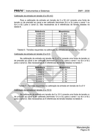 PRESYS  Instrumentos e Sistemas DMY - 2030
Manutenção
Página 35
Calibração da entrada em tensão (0 a 55 mV)
Para a calibração da entrada em tensão de 0 a 55 mV conecte uma fonte de
tensão cc de precisão ao canal a ser calibrado (terminais 2(+) e 3(-) para o canal 1 ou
5(+) e 6(-) para o canal 2). São necessárias as 6 referências de tensão listadas na
tabela 6.
Referência Mnemônico
0,000 mV C. 0nV
10,000 mV C.10nV
20,000 mV C.20nV
30,000 mV C.30nV
40,000 mV C.40nV
50,000 mV C.50nV
Tabela 6 - Tensões requeridas na calibração da entrada em tensão de 0 a 55 mV
Calibração da entrada em tensão (0 a 5 V)
Na calibração da entrada em tensão de 0 a 5 V conecte uma fonte de tensão cc
de precisão ao canal a ser calibrado (terminais 2(+) e 3(-) para o canal 1 ou 5(+) e 6(-)
para o canal 2). São necessárias as 6 referências de tensão listadas na tabela 7.
Referência Mnemônico
0,0000 V C. 0V
1,0000 V C. 1V
2,0000 V C. 2V
3,0000 V C. 3V
4,0000 V C. 4V
5,0000 V C. 5V
Tabela 7 - Tensões requeridas na calibração da entrada em tensão de 0 a 5 V
Calibração da entrada em tensão (0 a 10 V)
Na calibração da entrada em tensão de 0 a 10 V conecte uma fonte de tensão cc
de precisão ao canal a ser calibrado (terminais 1(+) e 3(-) para o canal 1 ou 4(+) e 6(-)
para o canal 2). São necessárias as 6 referências de tensão listadas na tabela 8.
pr
esys
 