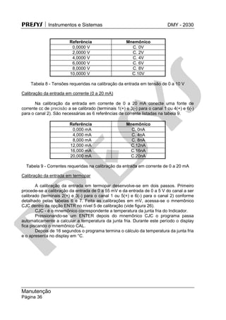 PRESYS  Instrumentos e Sistemas DMY - 2030
Manutenção
Página 36
Referência Mnemônico
0,0000 V C. 0V
2,0000 V C. 2V
4,0000 V C. 4V
6,0000 V C. 6V
8,0000 V C. 8V
10,0000 V C.10V
Tabela 8 - Tensões requeridas na calibração da entrada em tensão de 0 a 10 V
Calibração da entrada em corrente (0 a 20 mA)
Na calibração da entrada em corrente de 0 a 20 mA conecte uma fonte de
corrente cc de precisão a se calibrado (terminais 1(+) e 3(-) para o canal 1 ou 4(+) e 6(-)
para o canal 2). São necessárias as 6 referências de corrente listadas na tabela 9.
Referência Mnemônico
0,000 mA C. 0nA
4,000 mA C. 4nA
8,000 mA C. 8nA
12,000 mA C.12nA
16,000 mA C.16nA
20,000 mA C.20nA
Tabela 9 - Correntes requeridas na calibração da entrada em corrente de 0 a 20 mA
Calibração da entrada em termopar
A calibração da entrada em termopar desenvolve-se em dois passos. Primeiro
procede-se a calibração da entrada de 0 a 55 mV e da entrada de 0 a 5 V do canal a ser
calibrado (terminais 2(+) e 3(-) para o canal 1 ou 5(+) e 6(-) para o canal 2) conforme
detalhado pelas tabelas 6 e 7. Feita as calibrações em mV, acessa-se o mnemônico
CJC dentro da opção ENTR no nível 5 de calibração (vide figura 26).
CJC - é o mnemônico correspondente a temperatura da junta fria do Indicador.
Pressionando-se um ENTER depois do mnemônico CJC o programa passa
automaticamente a calcular a temperatura da junta fria. Durante este período o display
fica piscando o mnemônico CAL.
Depois de 16 segundos o programa termina o cálculo da temperatura da junta fria
e o apresenta no display em °C.
pr
esys
 
