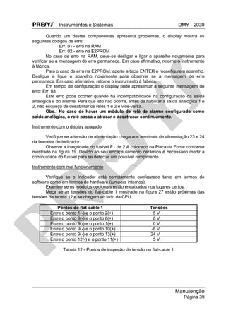 PRESYS  Instrumentos e Sistemas DMY - 2030
Manutenção
Página 39
Quando um destes componentes apresenta problemas, o display mostra os
seguintes códigos de erro:
Err. 01 - erro na RAM
Err. 02 - erro na E2PROM
No caso de erro na RAM, deve-se desligar e ligar o aparelho novamente para
verificar se a mensagem de erro permanece. Em caso afirmativo, retorne o instrumento
à fábrica.
Para o caso de erro na E2PROM, aperte a tecla ENTER e reconfigure o aparelho.
Desligue e ligue o aparelho novamente para observar se a mensagem de erro
permanece. Em caso afirmativo, retorne o instrumento à fábrica.
Em tempo de configuração o display pode apresentar a seguinte mensagem de
erro: Err. 03.
Este erro pode ocorrer quando há incompatibilidade na configuração da saída
analógica e do alarme. Para que isto não ocorra, antes de habilitar a saída analógica 1 e
2, não esqueça de desabilitar os relés 1 e 2 e vice-versa.
Obs.: No caso de haver um módulo de relé de alarme configurado como
saída analógica, o relé passa a atracar e desatracar continuamente.
Instrumento com o display apagado
Verifique se a tensão de alimentação chega aos terminais de alimentação 23 e 24
da borneira do Indicador.
Observe a integridade do fusível F1 de 2 A colocado na Placa da Fonte conforme
mostrado na figura 19. Devido ao seu encapsulamento cerâmico é necessário medir a
continuidade do fusível para se detectar um possível rompimento.
Instrumento com mal funcionamento
Verifique se o Indicador está corretamente configurado tanto em termos de
software como em termos de hardware (jumpers internos).
Examine se os módulos opcionais estão encaixados nos lugares certos.
Meça se as tensões do flat-cable 1 mostrado na figura 27 estão próximas das
tensões da tabela 12 e se chegam ao lado da CPU.
Pontos do flat-cable 1 Tensões
Entre o ponto 1(-) e o ponto 2(+) 5 V
Entre o ponto 9(-) e o ponto 8(+) 8 V
Entre o ponto 9(-) e o ponto 1(+) 0 V
Entre o ponto 9(-) e o ponto 10(+) -8 V
Entre o ponto 9(-) e o ponto 13(+) 24 V
Entre o ponto 12(-) e o ponto 11(+) 5 V
Tabela 12 - Pontos de inspeção de tensão no flat-cable 1
pr
esys
 