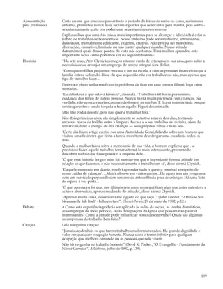 Apresentação      Certa jovem, que precisou passar todo o período de férias de verão na cama, seriamente
pela professora   enferma, prometeu nunca mais reclamar por ter que se levantar pela manhã, pois sentiu-
                  se extremamente grata por poder usar seus membros novamente.
                  Explique-lhes que uma das coisas mais importantes para se alcançar a felicidade é criar o
                  hábito de trabalhar de boa vontade. Nosso trabalho pode ser satisfatório, interessante,
                  desafiador, mentalmente edificante, exigente, criativo. Não precisa ser monótono,
                  aborrecido, cansativo, limitado ou não conter qualquer desafio. Nossa atitude
                  determinará quais desses pontos de vista nós aceitamos. Uma mulher aprendeu esta
                  importante lição, como podemos ver na seguinte história:
História          “Há sete anos, Ann Clynick começou a tomar conta de crianças em sua casa, para adiar a
                  necessidade de arranjar um emprego de tempo integral fora do lar.
                  “Com quatro filhos pequenos em casa e um na escola, e com as pressões financeiras que a
                  família estava sofrendo, disse ela que a questão não era trabalhar ou não, mas apenas que
                  tipo de trabalho fazer...
                  Embora o plano tenha resolvido (o problema de ficar em casa com os filhos), logo criou
                  um outro.
                  `Eu detestava o que estava fazendo’, disse ela. `Trabalhava 60 horas por semana
                  cuidando dos filhos de outras pessoas. Nunca tivera muita paciência com crianças. Na
                  verdade, não apreciava crianças que não fossem as minhas. E ficava mais irritada porque
                  sentia que estava sendo forçada a fazer aquilo. Fiquei desanimada.
                  Mas não podia desistir, pois não queria trabalhar fora.’
                  Nos dois primeiros anos, ela simplesmente se arrastou através dos dias, tentando
                  encaixar trocas de fraldas entre a limpeza da casa e o seu trabalho na cozinha, além de
                  tentar canalizar a energia de dez crianças — seus próprios filhos e mais seis.
                  `Certo dia li um artigo escrito por uma Autoridade Geral, falando sobre um homem que
                  visitou uma faxineira que tinha a tarefa monótona de esfregar uma escadaria todos os
                  dias.
                  Quando a mulher falou sobre a monotonia de sua vida, o homem explicou que , se
                  precisasse fazer aquele trabalho, tentaria torná-lo mais interessante, procurando
                  descobrir tudo o que fosse possível a respeito dele...’
                  `O que essa história fez por mim foi mostrar-me que o importante é nossa atitude em
                  relação ao que fazemos, e não necessariamente o trabalho em si’, disse a irmã Clynick.
                  `Daquele momento em diante, resolvi aprender tudo o que era possível a respeito de
                  como cuidar de crianças’. ...Matriculou-se em vários cursos...Ela agora tem um programa
                  com um currículo preparado com um ano de antecedência para as crianças. Há uma lista
                  de espera à sua porta...
                  `O que aconteceu foi que, nos últimos sete anos, consegui fazer algo que antes detestava e
                  achava aborrecido, apenas mudando de atitude’, disse a irmã Clynick.
                  `Aprendi muita coisa, desenvolvi-me e gosto do que faço.’” (John Forster, “Attitude Not
                  Necessarily Job Itself - Is Important”, Church News, 29 de maio de 1982, p.12.)
Debate            • Como esta experiência poderia ser aplicada às aulas da escola, às tarefas domésticas,
                  aos empregos de meio período, ou às designações da Igreja que possam não parecer
                  interessantes? Como a atitude pode influenciar nosso desempenho? Quais são algumas
                  recompensas do trabalho bem feito?
Citação           Leia a seguinte citação:
                  “Jamais desdenheis os que fazem trabalhos mal remunerados. Há grande dignidade e
                  valor em qualquer ocupação honesta. Nunca useis o termo inferior para qualquer
                  ocupação que melhora o mundo ou as pessoas que nele vivem.
                  Não há vergonha no trabalho honesto” (Boyd K. Packer, “O Evangelho - Fundamento da
                  Nossa Carreira”, A Liahona, julho de 1982, p.139).




                                                                                                            199
 