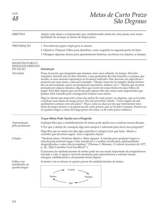 Lição
                                                             Metas de Curto Prazo
48                                                                   São Degraus
OBJETIVO          Ajudar cada aluna a compreender que, estabelecendo metas de curto prazo, terá maior
                  facilidade de alcançar as metas de longo prazo.


PREPARAÇÃO        1. Providenciar papel e lápis para as alunas.
                  2. Optativo: Preparar folhas para distribuir, como sugerido na segunda parte da lição.
                  3. Designar algumas alunas para apresentarem histórias, escrituras ou citações, se desejar.


SUGESTÃO PARA O
DESENVOLVIMENTO
DA LIÇÃO        Introdução
Atividade         Peças às jovens que imaginem que estamos cinco anos adiante, no tempo. Deverão
                  imaginar, durante um ou dois minutos, o que gostariam de estar fazendo e a pessoa que
                  seriam, se suas maiores esperanças se tivessem realizado. Elas deverão ser específicas e
                  pessoais em suas metas, como por exemplo: “Desejo casar-me no templo; desejo formar-
                  me na universidade; quero ser professora (secretária, médica, etc.).” Depois que tiverem
                  pensado por alguns minutos, diga-lhes que escrevam essas metas em suas folhas de
                  papel. Peça-lhes depois que escrevam pelo menos três das coisas mais importantes que
                  podem estar fazendo para conseguirem realizar suas metas.
                  Diga às alunas que essas três coisas são metas de curto prazo, ou degraus, que as levarão
                  a realizar suas metas de longo prazo. Diz um provérbio chinês: “Uma viagem de mil
                  quilìmetros começa com um passo”. Peça a uma ou duas jovens que mencionem uma
                  meta de longo alcance e os passos (as de curto prazo), que as levarão à mesma. Escreva-as
                  no quadro-negro, a meta de longo prazo em cima e a de curto prazo embaixo.


                  Traçar Metas Pode Ajudar-nos a Progredir
Apresentação      Explique-lhes que o estabelecimento de metas pode ajudar-nos a realizar nossos desejos.
pela professora   • Por que o desejo de conseguir algo nem sempre é suficiente para fazer-nos progredir?
                  Diga-lhes que as metas nos dão algo específico e atingível por que lutar. Abrem o
                  caminho que devemos seguir. Leia a seguinte citação:
Citação           “Nenhum plano. Nenhum objetivo. Meta alguma. A estrada para qualquer lugar é a
                  estrada para nenhum lugar e esta estrada leva a sonhos sacrificados, oportunidades
                  desperdiçadas e uma vida incompleta.” (Thomas S. Monson, A Liahona, fevereiro de 1977,
                  p. 44, “Que Caminho Você Escolherá?”)
                  O processo do estabelecimento de metas pode ser um modo importante de progredirmos
                  durante a vida. E agora é um bom momento para aprendermos a orientar nossas
                  energias, estabelecendo e alcançando metas dignas.
Folha a ser       Examine com as alunas os quatro passos do estabelecimento de metas:
distribuída ou
quadro-negro
                                         Avaliar


                         Relatar                        Planejar

                                          Agir




212
 