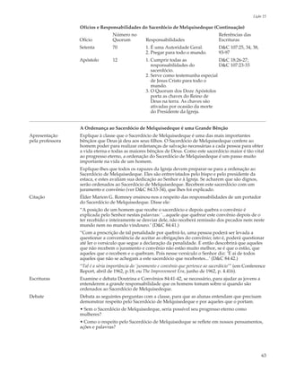 Lição 15

                  Ofícios e Responsabilidades do Sacerdócio de Melquisedeque (Continuação)
                                  Número no                                              Referências das
                  Ofício          Quorum           Responsabilidades                     Escrituras
                  Setenta         70               1. É uma Autoridade Geral.            D&C 107:25, 34, 38,
                                                   2. Pregar para todo o mundo.          93-97
                  Apóstolo        12               1. Cumprir todas as               D&C 18:26-27;
                                                      responsabilidades do           D&C 107:23-33
                                                      sacerdócio.
                                                   2. Serve como testemunha especial
                                                      de Jesus Cristo para todo o
                                                      mundo.
                                                   3. O Quorum dos Doze Apóstolos
                                                      porta as chaves do Reino de
                                                      Deus na terra. As chaves são
                                                      ativadas por ocasião da morte
                                                      do Presidente da Igreja.


                  A Ordenança ao Sacerdócio de Melquisedeque é uma Grande Bênção
Apresentação      Explique à classe que o Sacerdócio de Melquisedeque é uma das mais importantes
pela professora   bênçãos que Deus já deu aos seus filhos. O Sacerdócio de Melquisedeque confere ao
                  homem poder para realizar ordenanças de salvação necessárias a cada pessoa para obter
                  a vida eterna e todas as maiores bênçãos de Deus. Como este sacerdócio maior é tão vital
                  ao progresso eterno, a ordenação do Sacerdócio de Melquisedeque é um passo muito
                  importante na vida de um homem.
                  Explique-lhes que todos os rapazes da Igreja devem preparar-se para a ordenação ao
                  Sacerdócio de Melquisedeque. Eles são entrevistados pelo bispo e pelo presidente da
                  estaca, e estes avaliam sua dedicação ao Senhor e à Igreja. Se acharem que são dignos,
                  serão ordenados ao Sacerdócio de Melquisedeque. Recebem este sacerdócio com um
                  juramento e convênio (ver D&C 84:33-34), que lhes foi explicado.
Citação           Élder Marion G. Romney ensinou-nos a respeito das responsabilidades de um portador
                  do Sacerdócio de Melquisedeque. Disse ele:
                  “A posição de um homem que recebe o sacerdócio e depois quebra o convênio é
                  explicada pelo Senhor nestas palavras: `...aquele que quebrar este convênio depois de o
                  ter recebido e inteiramente se desviar dele, não receberá remissão dos pecados nem neste
                  mundo nem no mundo vindouro.’ (D&C 84:41.)
                  “Com a prescrição de tal penalidade por quebrá-lo, uma pessoa poderá ser levada a
                  questionar a conveniência de aceitar as obrigações do convênio; isto é, poderá questionar
                  até ler o versículo que segue a declaração da penalidade. E então descobrirá que aqueles
                  que não recebem o juramento e convênio não estão muito melhor, se é que o estão, que
                  aqueles que o recebem e o quebram. Pois nesse versículo o Senhor diz: ‘E ai de todos
                  aqueles que não se achegam a este sacerdócio que recebestes...’ (D&C 84:42.)
                  “Tal é a séria importância do ‘juramento e convênio que pertence ao sacerdócio’” (em Conference
                  Report, abril de 1962, p.18; ou The Improvement Era, junho de 1962, p. 4.416).
Escrituras        Examine e debata Doutrina e Convênios 84:41-42, se necessário, para ajudar as jovens a
                  entenderem a grande responsabilidade que os homens tomam sobre si quando são
                  ordenados ao Sacerdócio de Melquisedeque.
Debate            Debata as seguintes perguntas com a classe, para que as alunas entendam que precisam
                  demonstrar respeito pelo Sacerdócio de Melquisedeque e por aqueles que o portam.
                  • Sem o Sacerdócio de Melquisedeque, seria possível seu progresso eterno como
                  mulheres?
                  • Como o respeito pelo Sacerdócio de Melquisedeque se reflete em nossos pensamentos,
                  ações e palavras?




                                                                                                                63
 