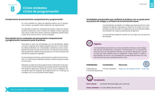 44
Videojuegos
45
Ciclos anidados
Ciclos de programación
8
Lección
Fundamentos de pensamiento computacional y programación
Un ciclo también es capaz de repetirse dentro de un progra-
ma, es decir, se pueden tener repetición de repeticiones.
Por ejemplo, si decimos “aplaude tres veces y salta tres veces”
estamos utilizando ciclos. Si decimos “Repite 3 veces: aplaude
tres veces y salta tres veces” estamos repitiendo repeticiones,
a esto se le conoce como “ciclos anidados”.
Descripción de los contenidos de pensamiento computacional
y programación necesarios para el profesor
Para llevar a cabo las actividades con los estudiantes, debes
conocer y explicar que repetir repeticiones, es un ciclo anida-
do. Relacionándolo con actividades cotidianas como coreo-
grafías de baile, donde se estructura una secuencia de pasos
que puede tener repeticiones de pasos y al mismo tiempo esa
secuencia puede ser repetida.
Se recomienda practicar previamente los ejercicios de la lec-
ción en CODE.org accediendo desde el enlace proporcionado
en la lección.
Resuelve los ejercicios de programación indicando la secuen-
cia de instrucciones (bloques de programación) que resolve-
rán diversos ejercicios haciendo uso de ciclos anidados. Re-
cordando que los bloques de programación en CODE.org se
cumplen uno a uno de arriba hacia abajo.
Nota: no requieres realizar una cuenta en CODE.org
Actividades presenciales que realizará el profesor con su grupo para
la práctica de códigos y símbolos de la herramienta base
Los estudiantes escribirán un código que haga que Anna y Elsa
realicen las figuras indicadas, en caso de no contar con com-
putadoras para acceder a los ejercicios, se recomienda realizar
la actividad con hojas y proyectando el ejercicio.
Los estudiantes deberán escribir en las hojas sus secuencias
de bloques.
Objetivo
Los estudiantes practicarán los ciclos anidados mientras crean imáge-
nes que les entusiasmara compartir. Comenzando con un puñado de
instrucciones, los estudiantes tomarán sus propias decisiones cuando
se trata de crear diseños para la repetición. Luego darán la vuelta a
esos diseños en torno a una variedad de maneras de terminar con una
obra de arte que sea verdaderamente única.
Habilidades
• Persistencia
• Toma de decisiones
Recursos
• Ejercicio de programación - CODE.org
Contenidos
• Ciclos anidados
Vocabulario
Ciclo o Bucle: 		 La acción de hacer algo una y otra vez.
Ciclos anidados: Un ciclo dentro de otro ciclo.
 