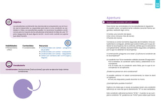 54
Videojuegos
55
Objetivo
Los estudiantes combinarán las ciencias de la computación con el mun-
do real al desarrollar su capacidad para decir si una condición es ver-
dadera o falsa. Los estudiantes pueden no reconocer la palabra condi-
cional, pero la mayoría de los estudiantes entenderán la idea de usar “Si”
para asegurarse de que alguna acción ocurra solo cuando se supone
que debe hacerlo.
Habilidades
• Pensamiento
crítico
Recursos
• Condicionales con cartas – programa
de prueba
• Condicionales con cartas - evaluación
• Condicionales con cartas - respuestas
• Cartas con números del 1 al 10 (rojas y
negras)
Contenidos
• Condicionales
Vocabulario
Condicionales: Declaraciones (instrucciones) que solo se ejecutan bajo ciertas
condiciones.
1
Apertura
Apagado y encendido (off y on)
Para iniciar las actividades di a los estudiantes lo siguiente:
Si pueden estar completamente callados durante treinta se-
gundos, realizaré algo como:
• Cantar una canción de ópera
• Dar cinco minutos más de recreo
• Pararte de manos
Comienza a contar los treinta segundos de inmediato. Si los es-
tudiantes lo consiguen, señala que tuvieron éxito, por lo que ob-
tienen la recompensa. De lo contrario, señala que no estuvieron
completamente callados durante treinta segundos completos,
por lo que no obtienen la recompensa.
A continuación, pregunta a la clase “¿Cuál era la condición de
la recompensa?”
La condición fue “SI se mantenían callados durante 30 segundos”.
• Si lo estaban, la condición sería cierta y obtendrían la re-
compensa.
• Si no fuera así, la condición sería falsa, por lo que la re-
compensa no se aplicaría.
¿Podemos pensar en otra condicional?
Si puedes adivinar mi edad correctamente, la clase te dará
un aplauso.
• Sí sé una respuesta, puedo levantar la mano.
¿Qué ejemplos puedes inventar?
Explica a la clase que, a veces, se quisiera tener una condición
adicional, en caso de que la declaración “SI” no sea verdadera.
Esta condición adicional se llama “SÍ NO “. Cuando no se cum-
ple la condición “SI”, podemos ver “SI NO“ para saber qué hacer.
 