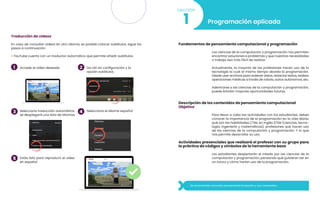 Traducción de videos
En caso de consultar videos en otro idioma, es posible colocar subtítulos, sigue los
pasos a continuación:
• YouTube cuenta con un traductor automático que permite añadir subtítulos
Accede al video deseado Da clic en configuración y la
opción subtítulos
1 2
Selecciona traducción automática,
se desplegará una lista de idiomas
Selecciona el idioma español
3
5
4
Estás listo para reproducir el video
en español
Fundamentos de pensamiento computacional y programación
Programación aplicada
Las ciencias de la computación y programación nos permiten
encontrar soluciones a problemas y que nuestras necesidades
o trabajo sea más fácil de realizar.
Actualmente, la mayoría de las profesiones hacen uso de la
tecnología la cual al mismo tiempo aborda la programación.
Desde usar archivos para ordenar datos, redactar textos, realizar
operaciones médicas a través de robots, autos autónomos, etc.
Adentrarse a las ciencias de la computación y programación,
puede brindar mayores oportunidades futuras.
Descripción de los contenidos de pensamiento computacional
Objetivo
1
Lección
Para llevar a cabo las actividades con los estudiantes, debes
conocer la importancia de la programación en la vida diaria,
qué son las habilidades CTIM, en inglés STEM (ciencias, tecno-
logía, ingeniería y matemáticas), profesiones que hacen uso
de las ciencias de la computación y programación. Y lo que
nos permite desarrollar su uso.
Se recomienda consultar previamente la lección y sus contenidos.
Actividades presenciales que realizará el profesor con su grupo para
la práctica de códigos y símbolos de la herramienta base
Los estudiantes despertarán el interés por las ciencias de la
computación y programación, pensando qué quisieran ser en
un futuro y cómo harían uso de la programación.
 